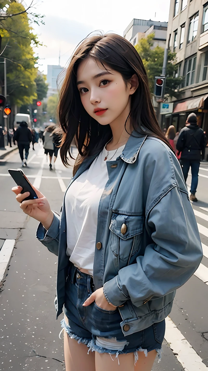 Beautiful woman, fiddling with cell phone in the middle of the street, short clothes