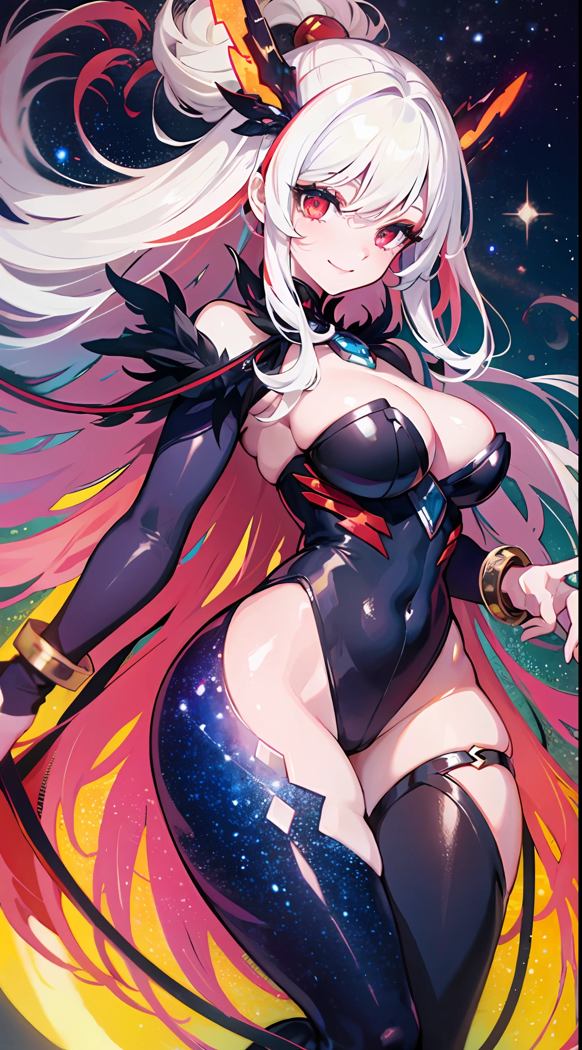(simple hands:0.5)+(detailed hands:0.7), (masterwork), (best quality), white hair, red eyes,1girl, pale skin, white hair, red eyes, two tone hair, eyelashes, bracelet, jewelry, smile, gleaming skin, shiny hair, detailed and majestic stage, Fantasy, Long Hair, 1 girl, two-tone hair, night sky, Incredibly detailed CG illustration masterpiece, looking at you, anime, beautiful anime eyes, beautiful detailed eyes, eyes, glittering eyes, red eyes, galaxy, nebula, (full body), (curvy),