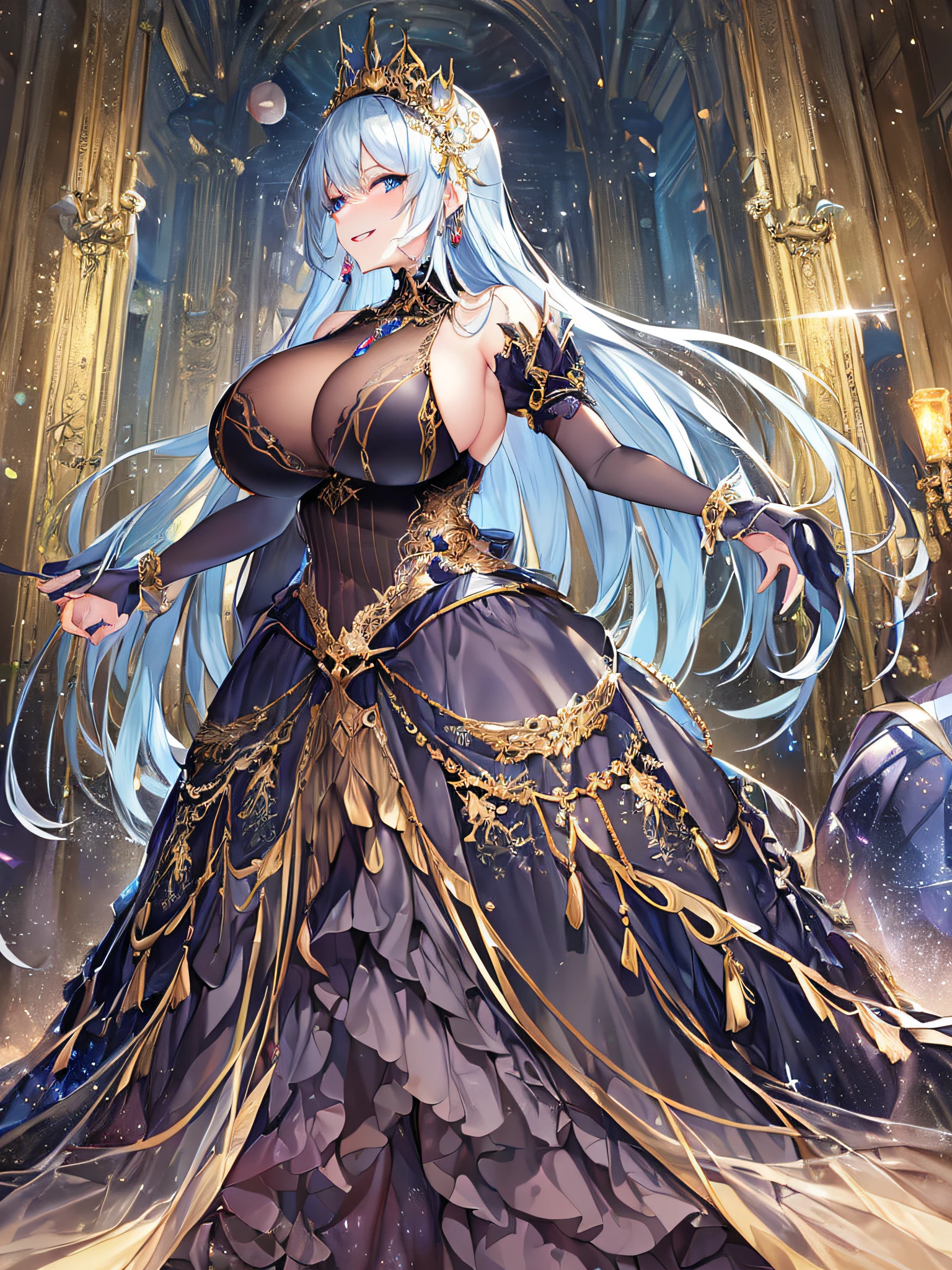 ((anime artstyle)),(Masterpiece),(Best Quality), (Super Detail),((Very Delicate and Beautiful)),Focus on character,Dynamic Angle,Looking at viewer,((Solo)),standing,(((full body))),((one evil and cute princess in gorgeous ball gown with voluminous skirt)),detailed face and eyes,(Wicked laugh),jewel-like eyes,((Very Long voluminous Hair)),gorgeous embroidery and lace,See-through,ornate ruffles,Gorgeous jewelry ornaments,luxury hair ornament,luxury and evil tiara with jewels,(gigantic breasts,Long breasts),full body,((evil and dark atmosphere)),full body,(((gorgeous ball gown with voluminous skirt)))