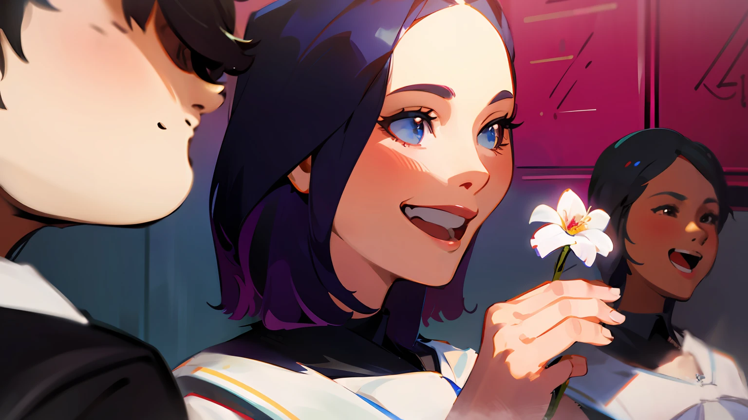 schoolgirl，smiles，Flowers in hand，hall