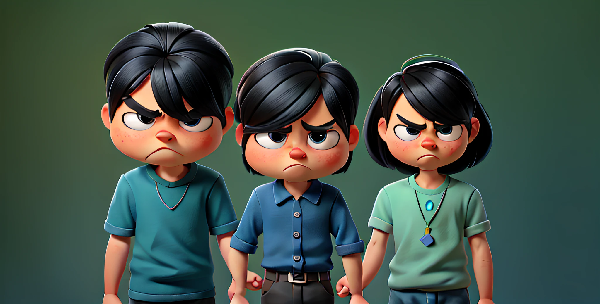 three cartoon are standing next to each other, in cartoon style, children's cartoon, cartoon illustration, serious faces, cartoon style illustration, photo illustration, big heads, serious expressions, clones, 3 heads, cartoon image, cartoon style, family guy style, looking threatening, highly disturbing, with fully detailed faces, frowning expression, children illustration, gang, serious expression