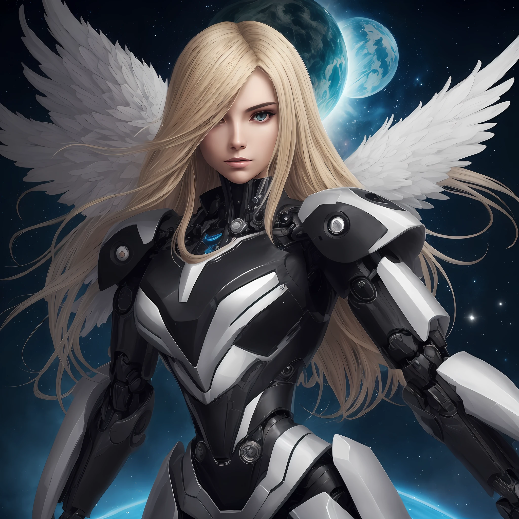 a painting of a robot with a female face and long blonde hair, com asas de duas cores preto e branco, asas mecha, futuristic robot angel, detailed cosmic angelic robot, Deus grego no estilo mecha, da cor de um fantasma. --auto
