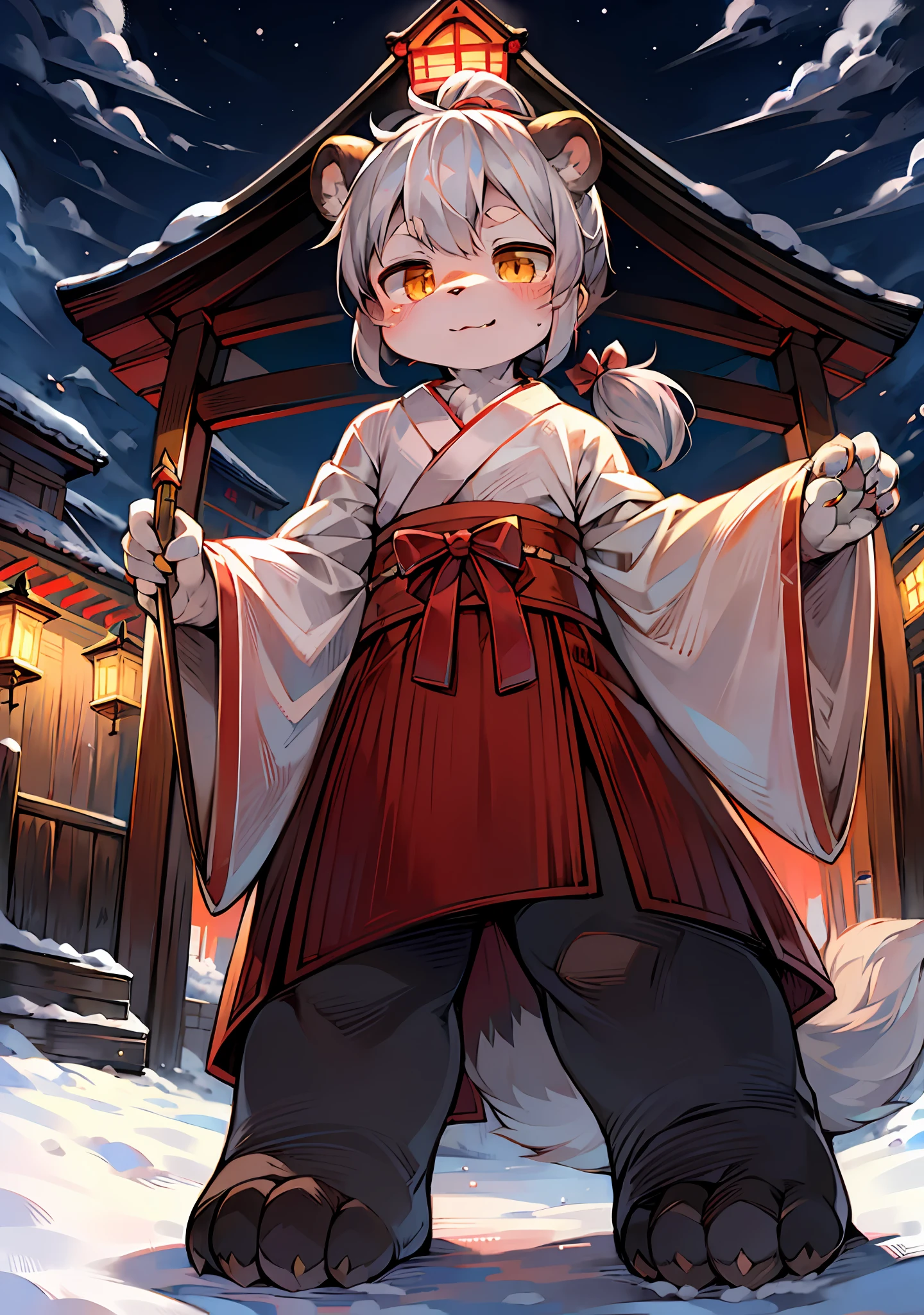 Masterpiece,high-quality,abstract res,Digital painting\(piece of art\), By Dagasi, Yupa,Kiyosan,(anthro,Fluffy fur,Character focus:1.1),anthro male panda,Short hair,portrait ,night,Snow,Bright eyes, Panoramic View, shrine,outside,Character focus, solo, shaggy, Hairy male, Panda,corpulent,Male focus,anthr,(Full body fur, Fluffy tail, Short tail,White fur, Golden eyes, Gray hair,Single ponytail), (Carnivorous bears、archer）,White kimono,Stand,（Bow and arrow in the left hand（weapon））