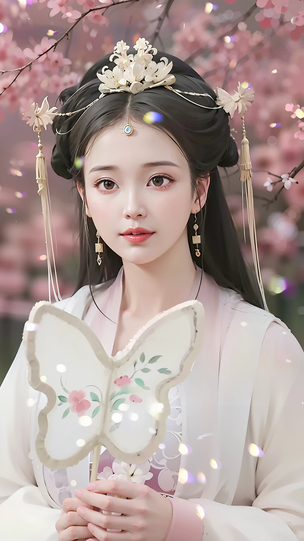 A woman in a white dress，Holding a butterfly in his hand, Palace ， a girl in hanfu, white hanfu, ((a beautiful fantasy empress)), a beautiful fantasy empress, wearing ancient chinese clothes, ancient chinese princess, traditional beauty, artwork in the style of guweiz, inspired by Qiu Ying, inspired by Lan Ying, Chinese princess