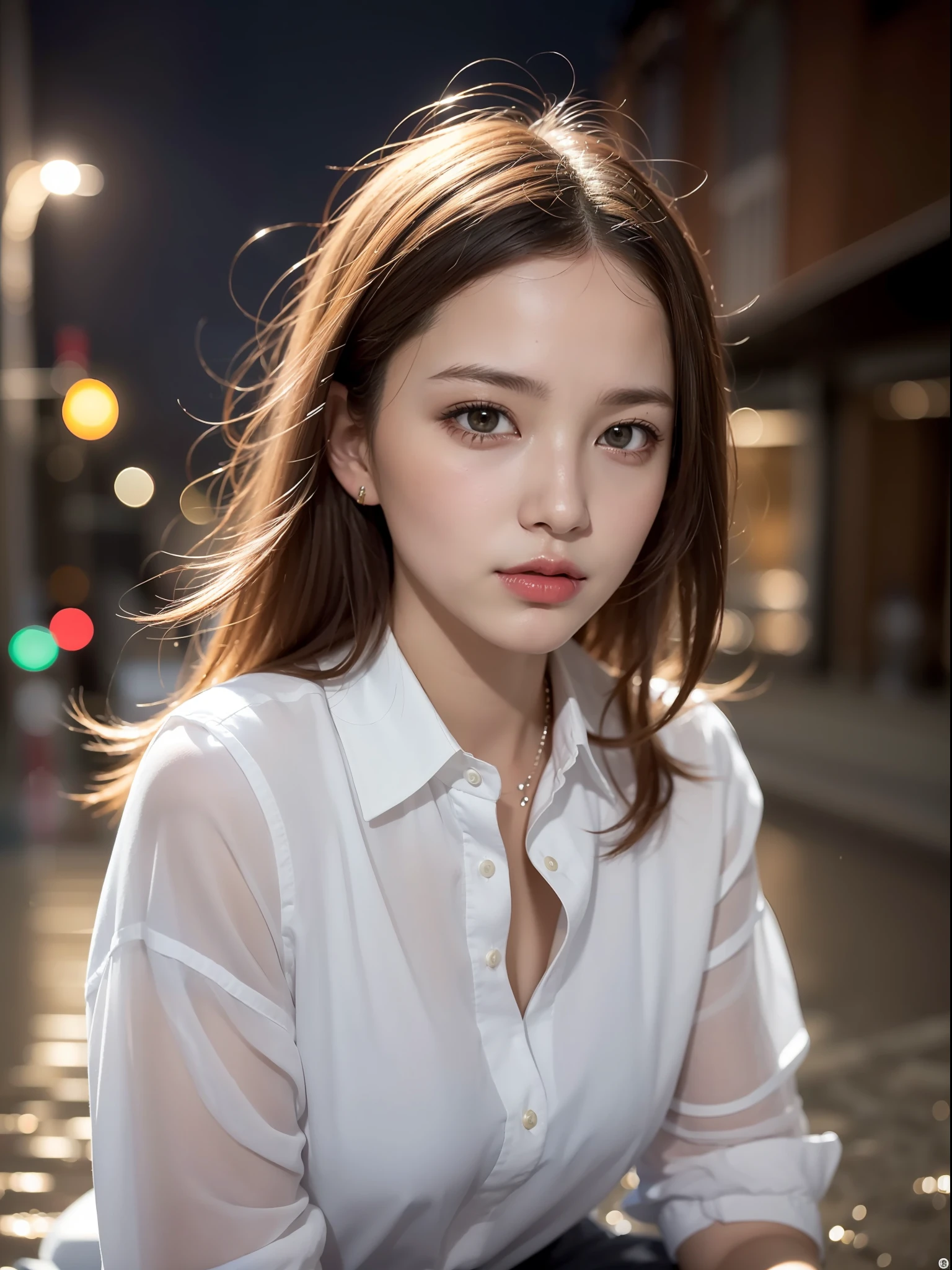 ((Best quality, 8k, Masterpiece: 1.3, raw photo)), Sharp focus: 1.2, (1 aespa girl: 1.2), (realistic, photo-realistic:1.37), (face focus: 1.1), cute face, small breasts, flat chest, short and wet hair, wet body, (wet white shirt: 1.1), rain, from below, Beautiful Woman sitting Under Street Lamp Light, cinematic lighting