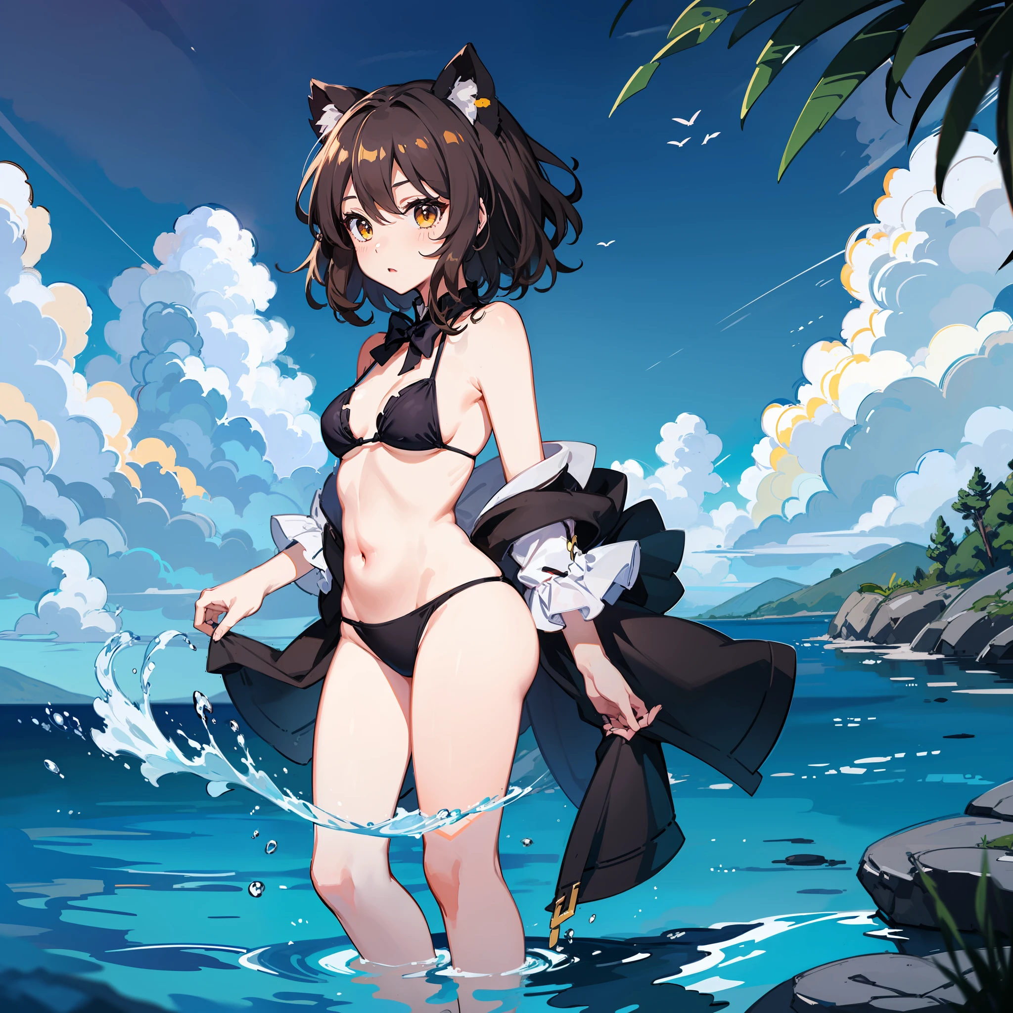 1girle, Chi-hsien(Touhou Project), solo, swimsuits, bikini, Small breasts,,, Side Tie Bikini Bottom, Black Bikini, Yellow eyes, Brown hair、Short hair,, Shyness, blushed, BEATCH