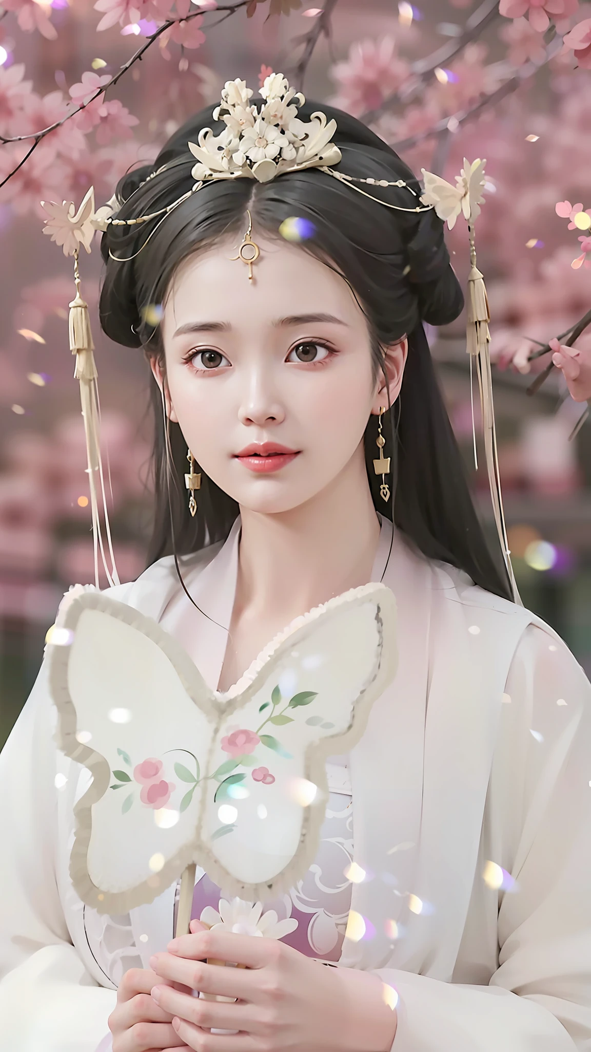 A woman in a white dress，Holding a butterfly in his hand, Palace ， a girl in hanfu, white hanfu, ((a beautiful fantasy empress)), a beautiful fantasy empress, wearing ancient chinese clothes, ancient chinese princess, traditional beauty, artwork in the style of guweiz, inspired by Qiu Ying, inspired by Lan Ying, Chinese princess