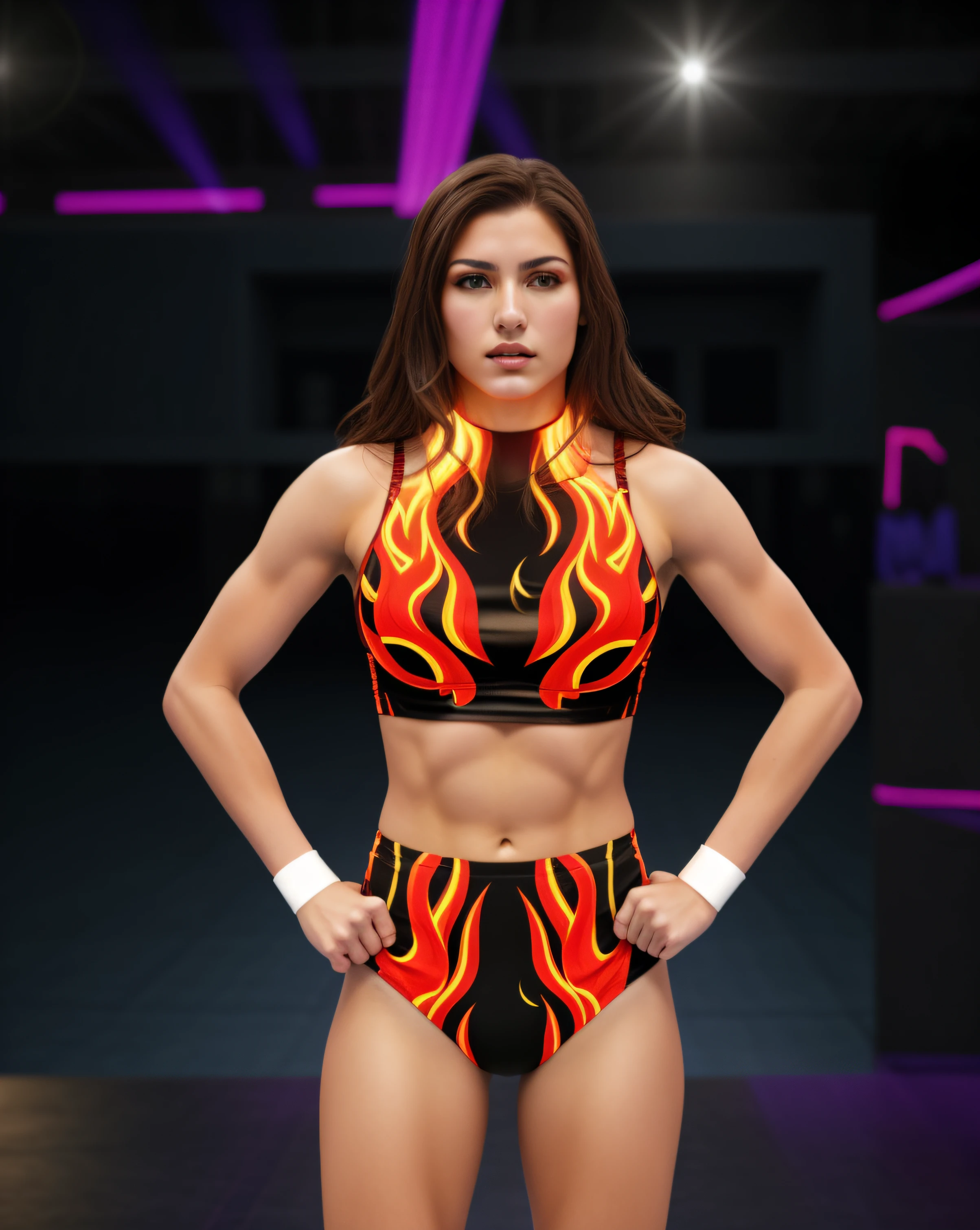 Brunette Caucasian female wrestler in fire patterned bra, fire patterned high cut trunks, white wristbands, photo realistic, intricate details