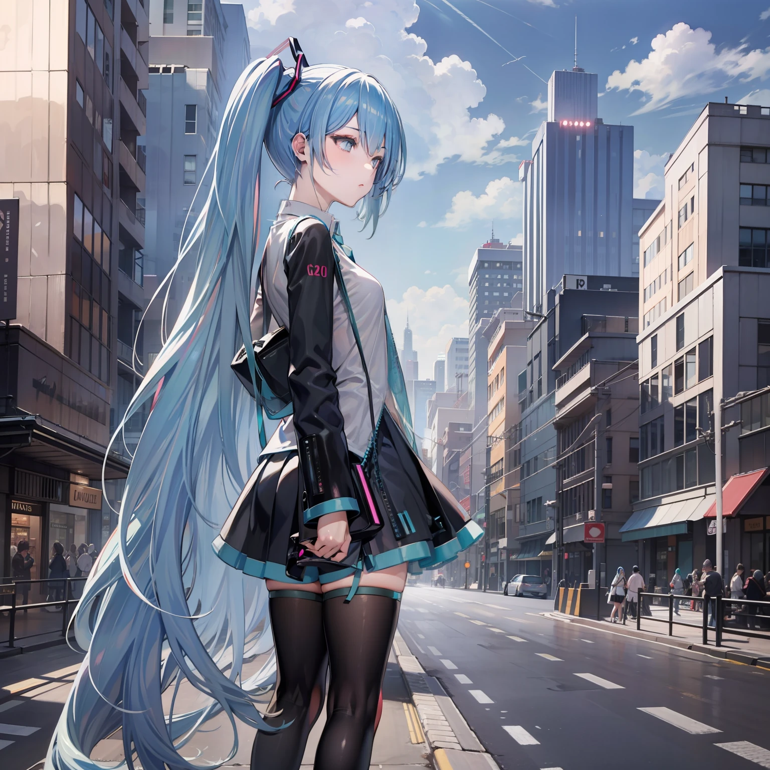 Hatsune Miku with empty eyes, profile, full body, city, daytime