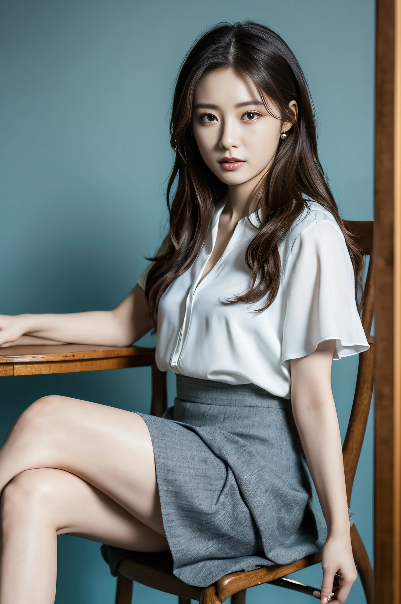 1girle, ((best-quality, 8K, masterpiece: 1.3)), Japanese actress, empty blue background: 1.8, white blouse and gray skirt, sit on chair with her legs crossed