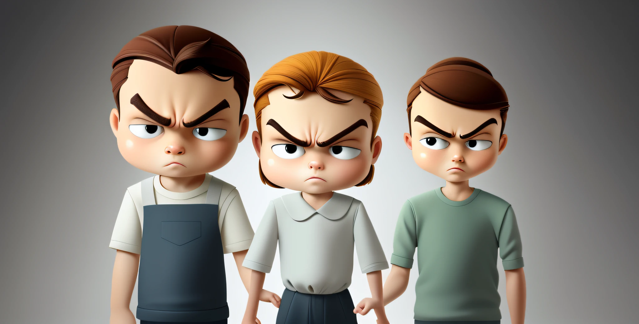 three cartoon babies are standing next to each other, in cartoon style, children's cartoon, cartoon illustration, serious faces, cartoon style illustration, photo illustration, big heads, serious expressions, clones, 3 heads, cartoon image, cartoon style, family guy style, looking threatening, highly disturbing, with fully detailed faces, frowning expression, children illustration, gang, serious expression