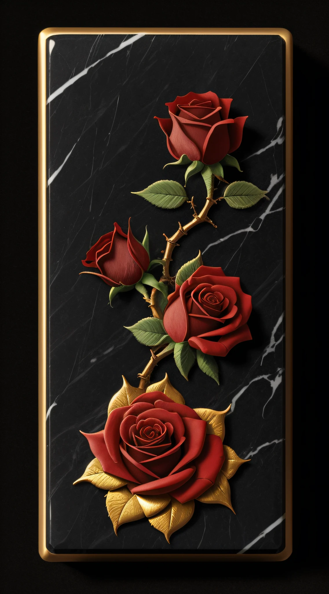block of black marble, with a carving in high relief of a red rose with golden stem, leaves and thorns. --auto