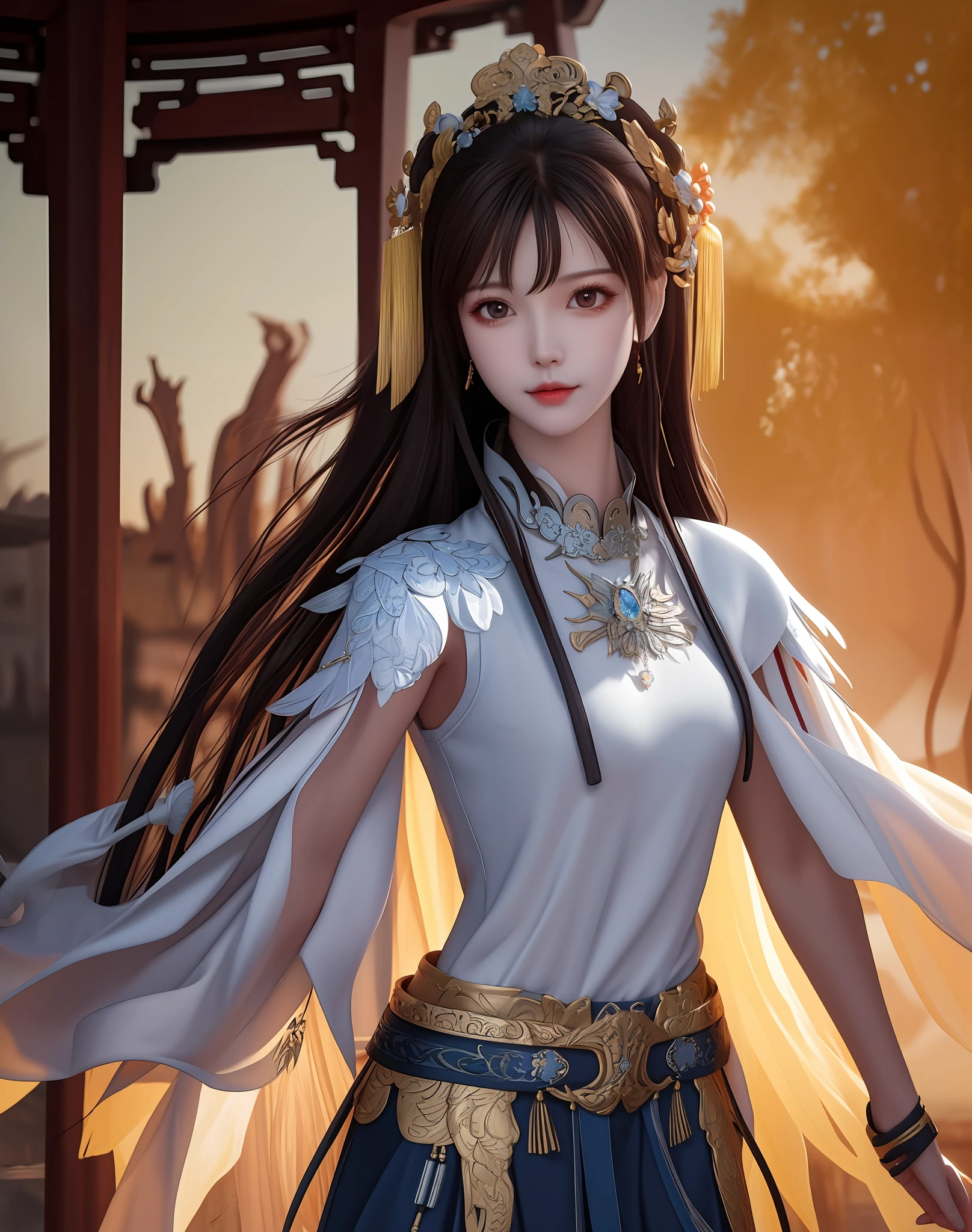 best quality, masterpiece, high resolution, 1girl, ancient chinese battlefield background, metal armor, cape, metal collar, ancient spear, hair ornament, necklace, jewelry, beautiful face, upon_body, tyndall effect, realistic, dark studio, edge lighting, duotone lighting, (high detail skin:1.2), 8k ultra hd, dslr camera, soft lighting, high quality, volumetric lighting, frank, photos, high resolution, 4k, 8k, bokeh, white bikini armor, Ancient metal spear, chest embroidered phoenix, metal cuirass, tight, weapons, short bracers, stockings, weapons