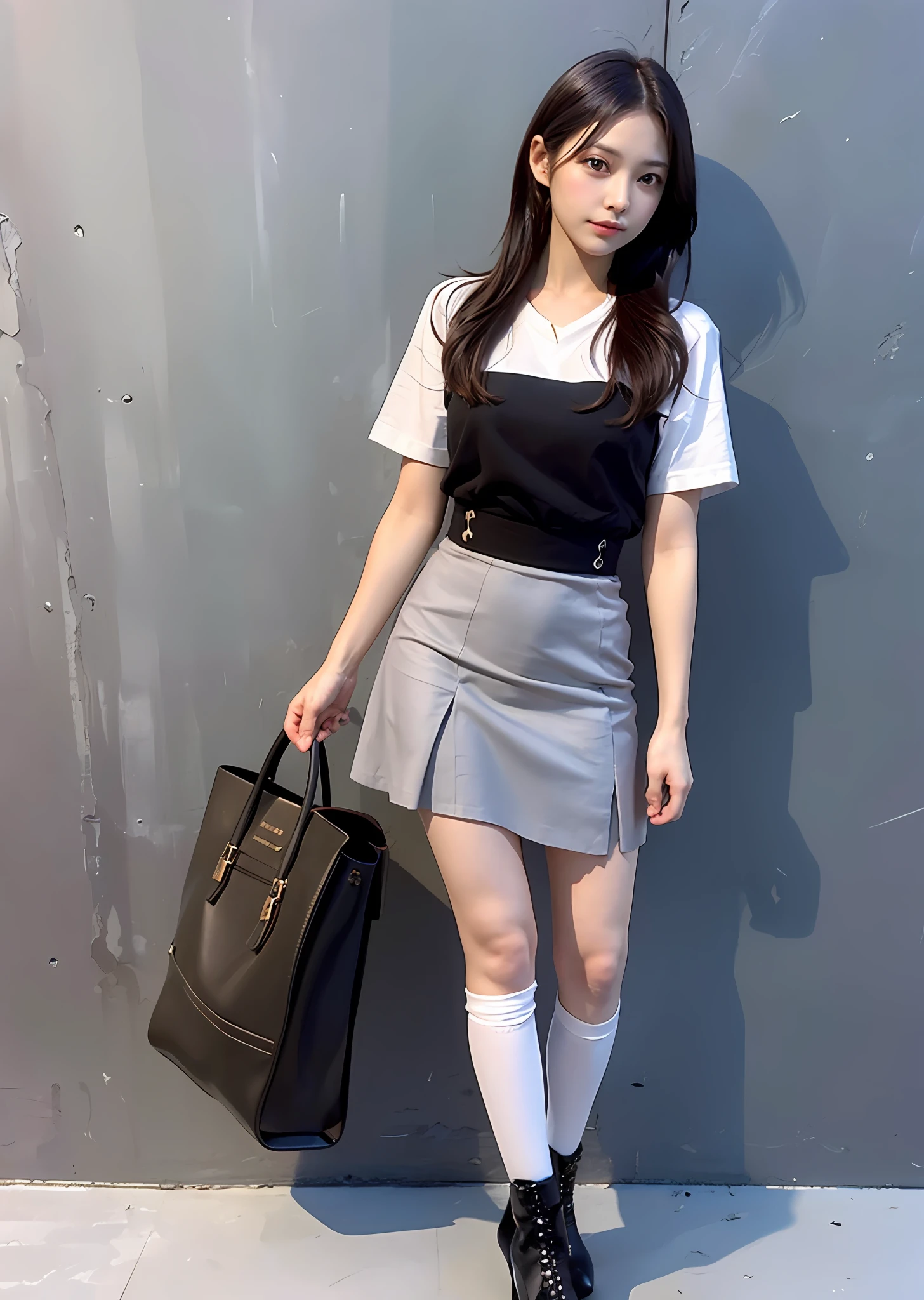 ((masterpiece, best_quality)), 1girl, (photorealistic:1.4),  solo, white_background, black_hair, long_hair,   zettai_ryouiki, skirt, ((full_body)),