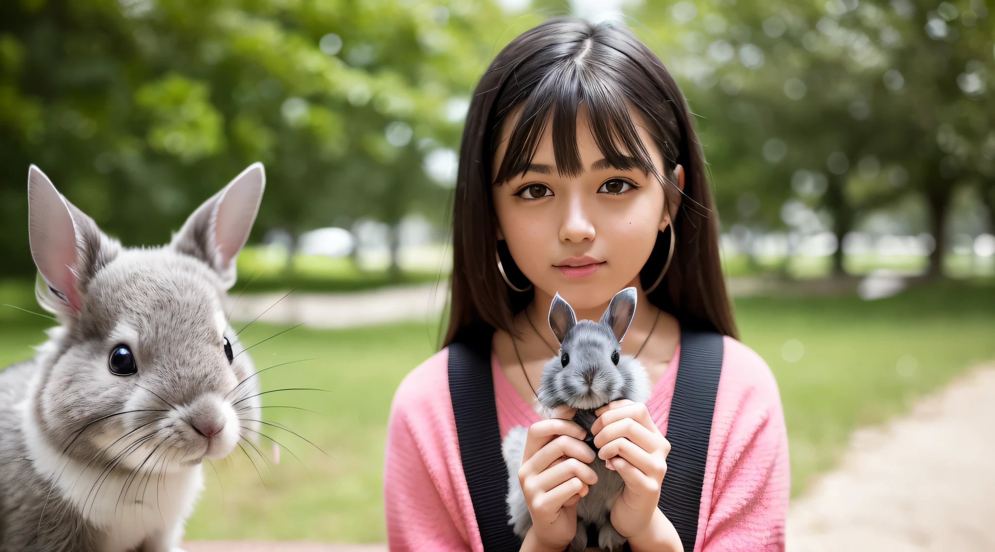 there is a girl holding a small rabbit in her hands, segurando um coelho, cute and lovely, ultrarrealista doce coelhinho menina, coelhinho menina, lindo bonito, bonito bonito, com orelhas de coelho, com orelhas de coelho grandes, chinchila animal, coelhinho, jovem e bonito, lindo e bonito, Dora, a exploradora, como garota de verdade, com olhar encantador