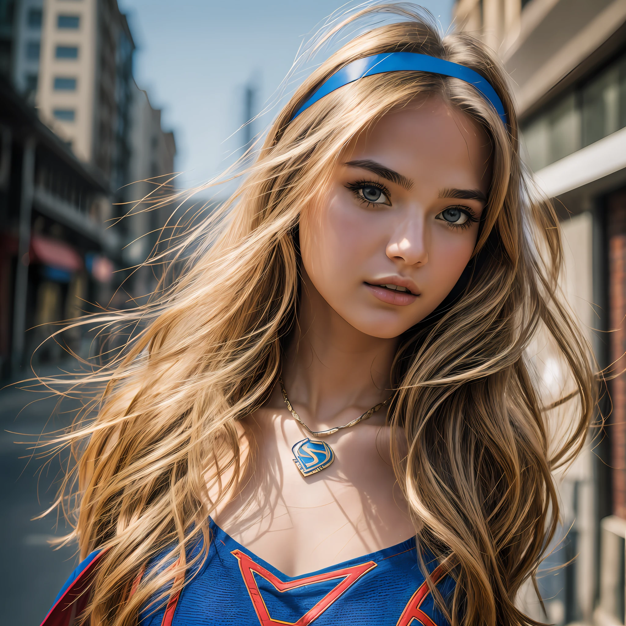 Supergirl in her blue suit and
red with superman logo on the chest (selfie shot, from top: 1.4), (half length postrait: 1.4), RAW uhd portrait photo of a 24 year old blonde (blue-eyed woman) walking down a dark alley , natural breasts_b, city night background, (red dress), (cleavage), detailed (textures!, hair!, shine, color!!, blemishes: 1.1), highly detailed bright eyes, (looking at camera ), specular lighting, DSLR, ultra quality, sharp focus, sharp tack, dof, film grain, (focused), Fujifilm XT3, crystal clear, center of frame, cute face, sharp focus, street lamp, neon lights, bokeh, ( dimly lit), low key, at night, (night sky) detailed skin pores, oily skin, tan, intricate eye detail
