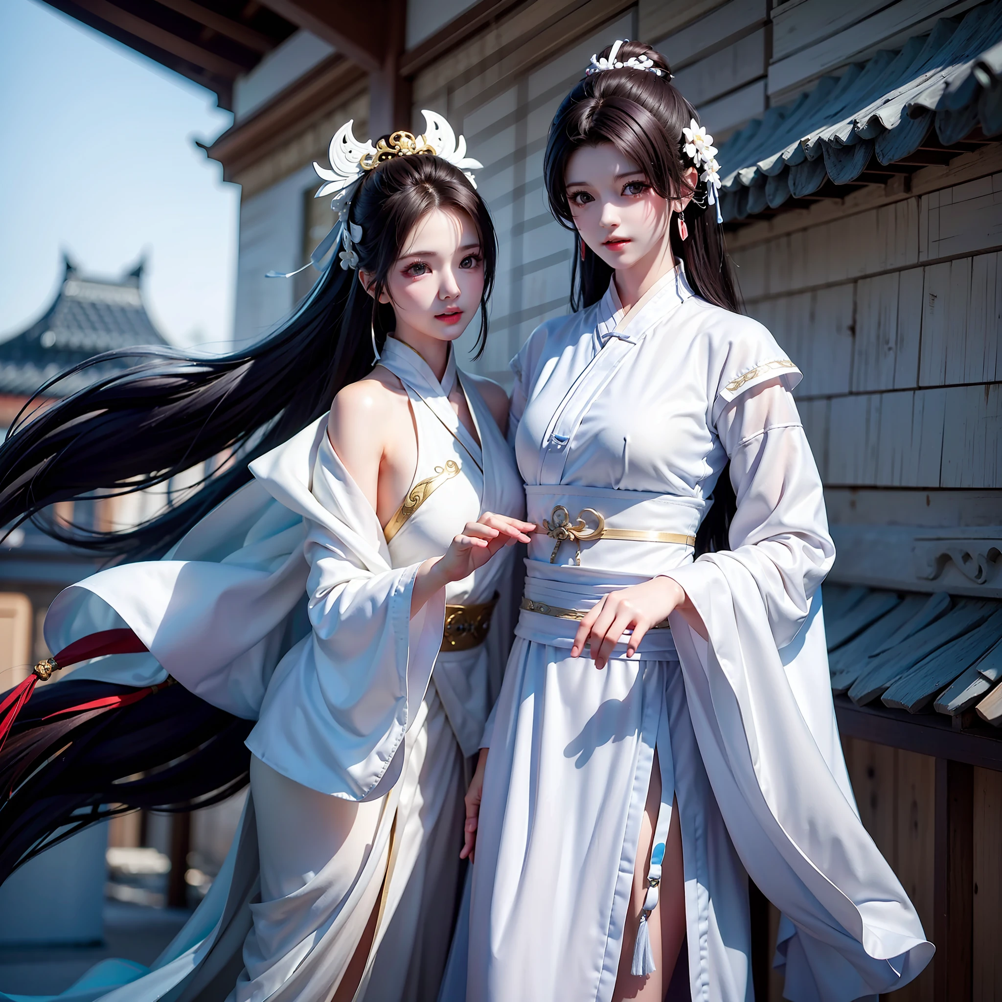 Wuxia, white horse, white robe white, long hair, ancient buildings, deep mountains