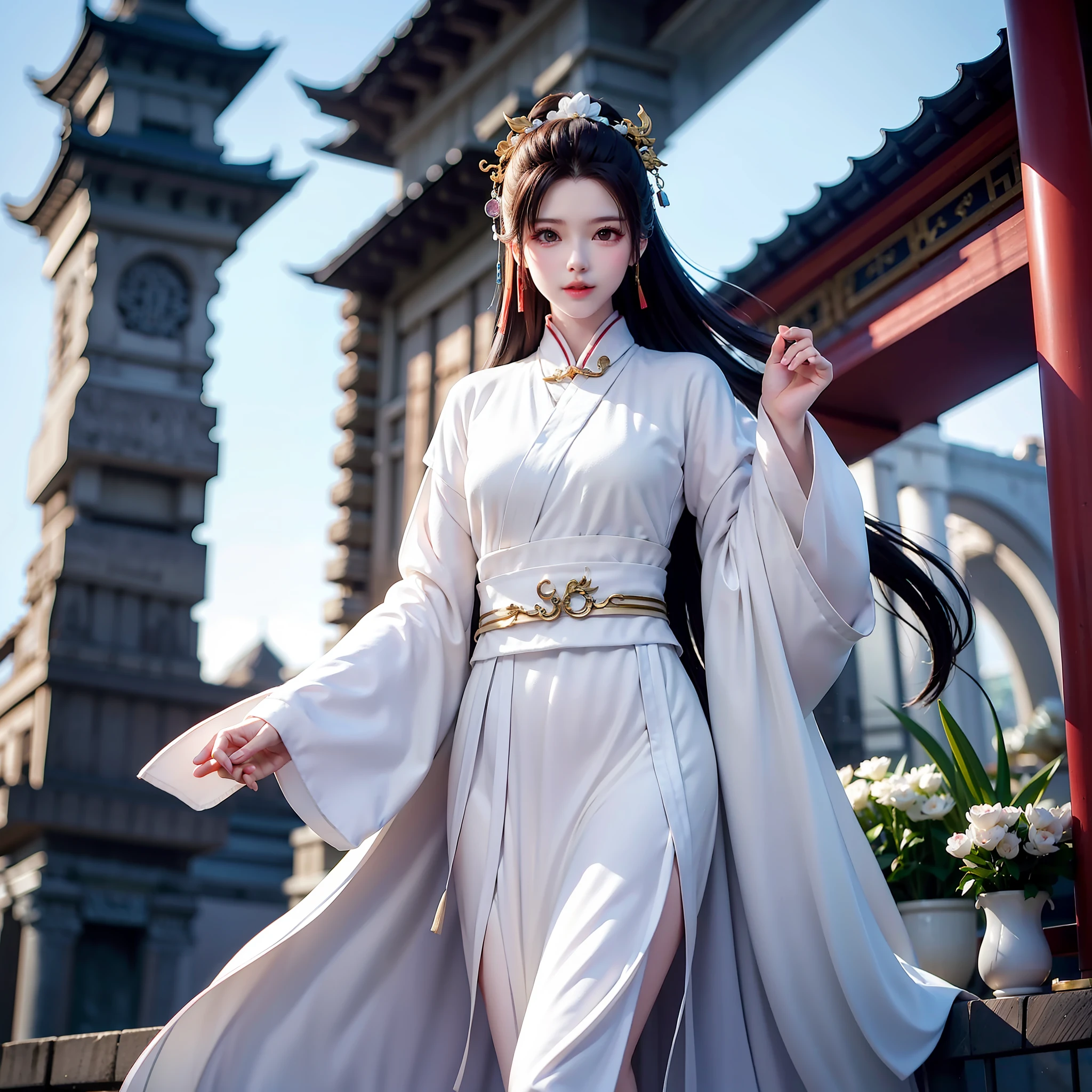 Wuxia, white horse, white robe white, long hair, ancient buildings, deep mountains