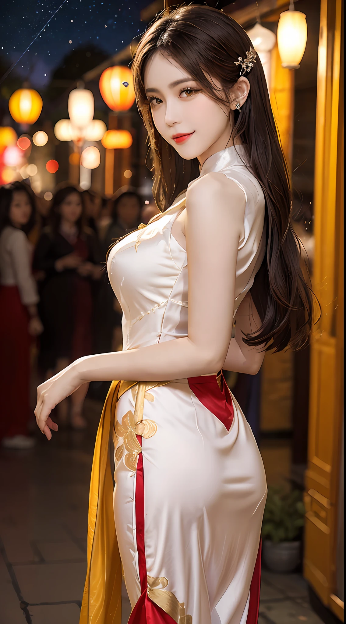 1 very pretty girl, solo, 27 years old, girl wearing bridal ao dai, long dress and hair jewelry, young girl wearing white ao dai, red and yellow silk pants, red and white hugging ao dai, thin ao dai fabric, wearing with ao dai, luxurious and mysterious dark color version, hair jewelry with many sophisticated patterns, head jewelry, red lips, thin and beautiful lips, captivating smile, beautiful details, detailed background detailed, super detailed, magic lighting, nice lighting effects, clear face, shoulder length hair, beautiful and well proportioned face, (transparent yellow eyes : 1.8), big round eyes and very beautiful and meticulous, wearing a silk dress, mysterious makeup, jewelry on ao dai, bangs flat and dyed in light yellow, medium-sized, even breasts, big buttocks, flat stomach, body curves perfect girl, girl's portrait, upper half, hanging, Real and alive, (stars: 1.7), (sky of the zodiac: 1.8), fiction , RAW photos, Vietnam Ao Dai photos, beautiful photos best, 8k, best quality 8k photo, surreal, most realistic,