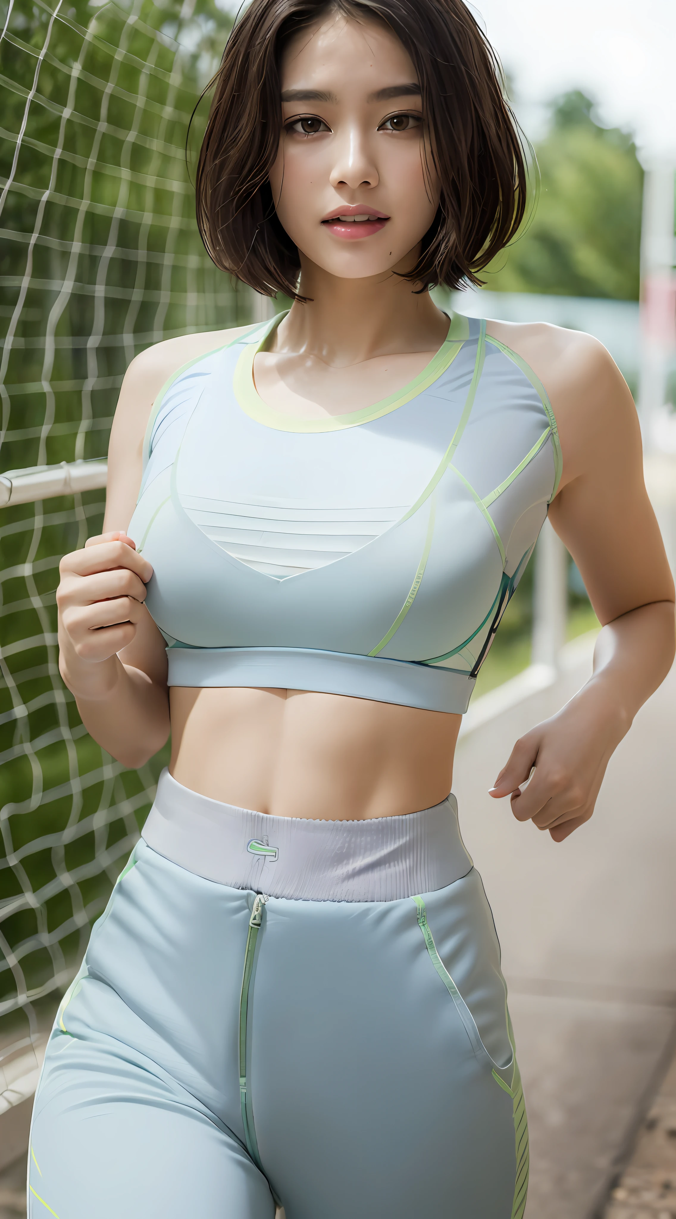 ((bestquality、45k、master masterpiece:1.3))、Sharp focus:1.2、Beautiful woman with perfect body shape:1.4、Slender abs:1.2、underwear、(Layered Haircut、huge tits:1.8)、(sports bra:2.0)、(jogging:1.8)、(street:1.2)、Half pants、Underwear、Highly detailed face and skin texture、detailled eyes、double eyelidwork、smile、Bokeh、Climbing the stairs、dripping sweat、sweat