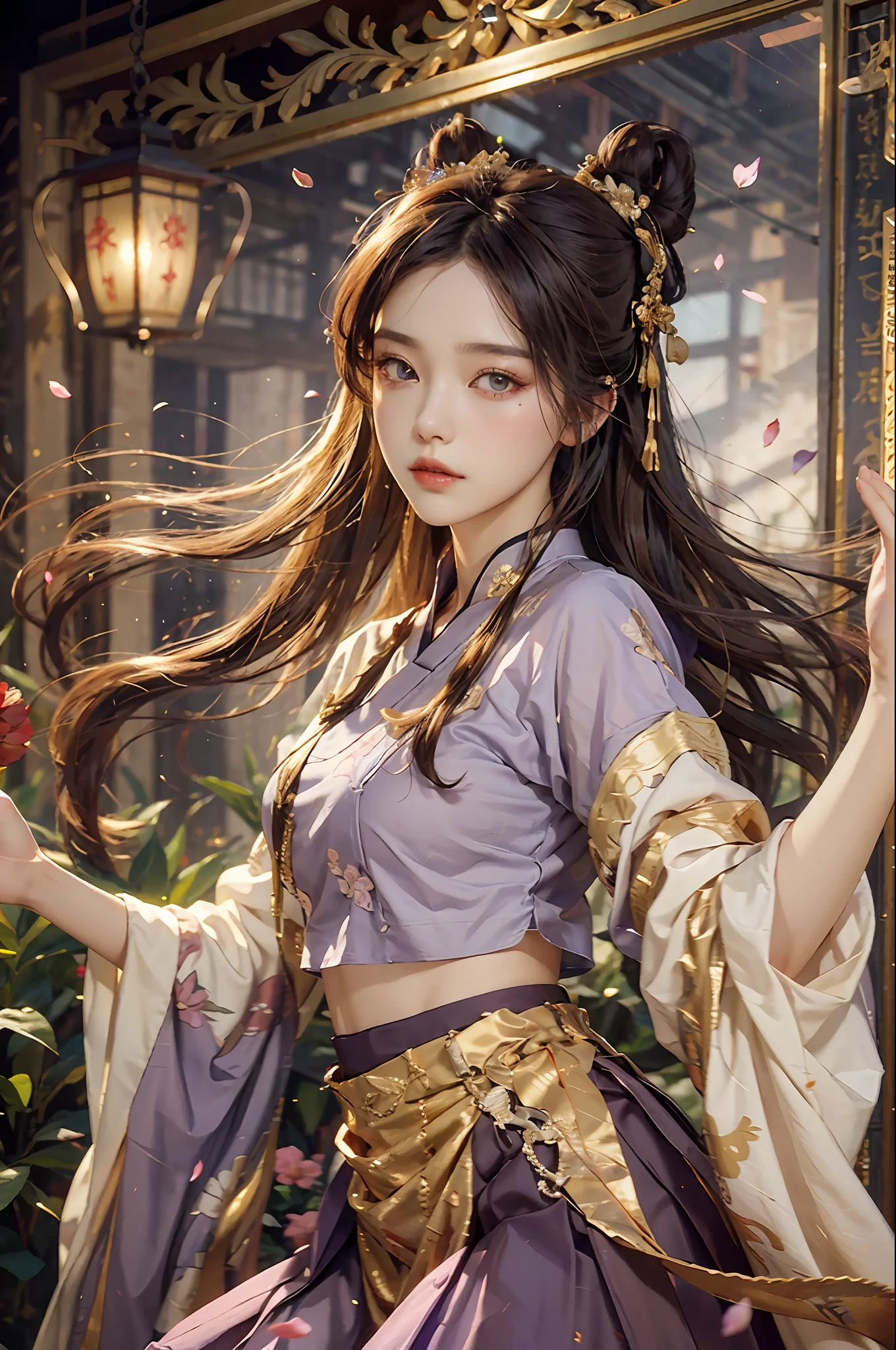 Superb Quality, Masterpiece, High Resolution, (Exquisite Body: 1.5), Stunning Beauty, (Milky Skin: 1.3), Exquisite Details, High Resolution, Wallpaper, 1 Woman, Solo, Dress, Hair Accessories, (((Golden Purple Skirt)) ), Flower, Long Hair, Brown Hair, Shut Up, Accessories, Long Sleeves, Raised Hand, Wide Sleeves, Big Eyes, Flowing Hair, Hanfu, Hanfu, Embroidery, Long Skirt, Natural Pose, Falling Petals, Indoor, Fanning, Lantern, 16K, HDR, High Resolution, Depth of Field, (Film Grae: 1.1), Bocon, Primetime, (Lens Glow), Vignette, Rainbow, (Color Grading: 1.5)