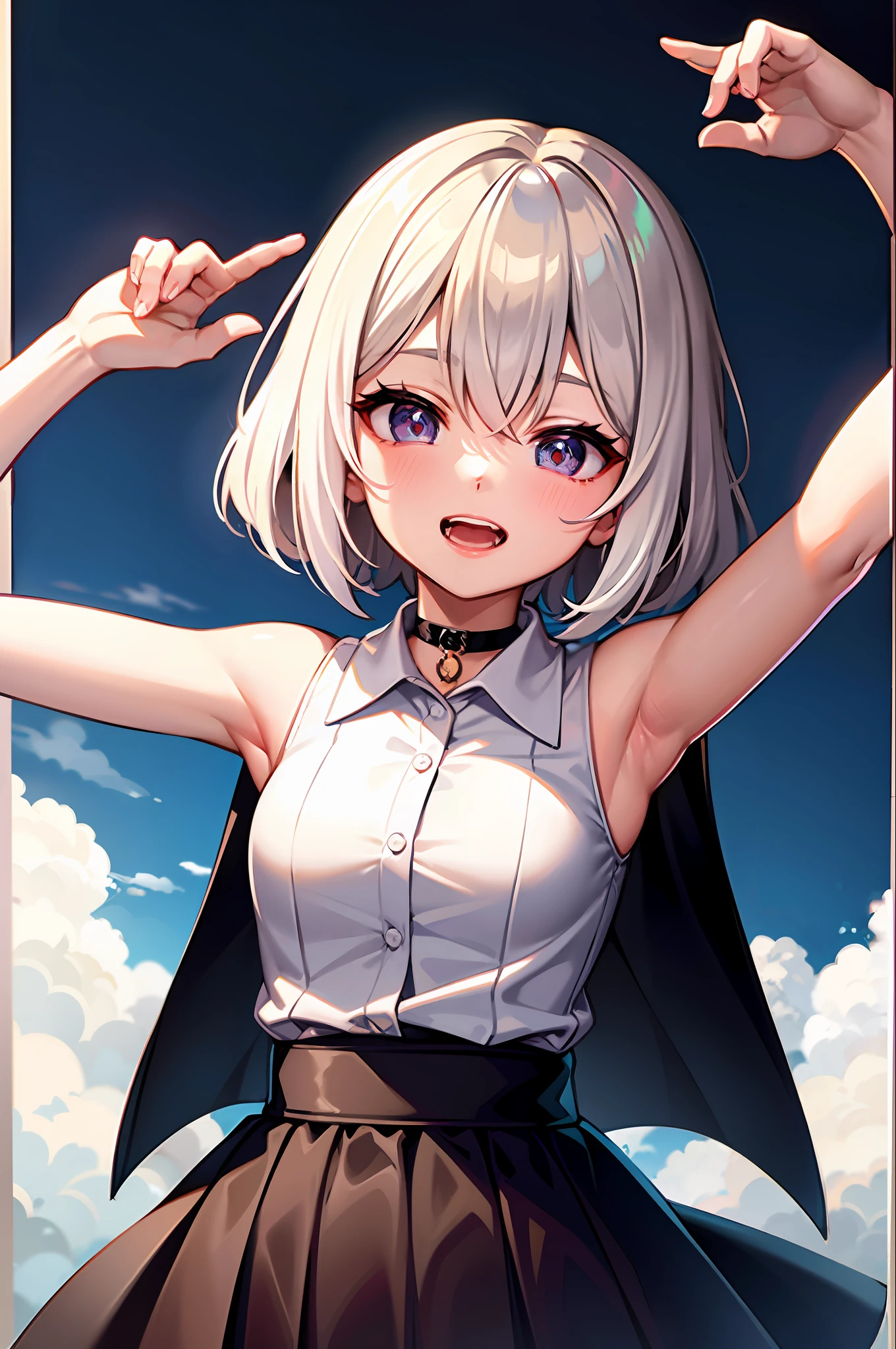 best-quality、ultra-high res、1 girl、sleeveless white button shirt、Black skirt、Black choker、cuddly、(Kpop Idle)、(Charming Monkey:1)、(Platinum Blonde Hair:1)、((Puffy eyes))、Looking for the observer side、total body、Facing the front、Ahegao、Iki face、