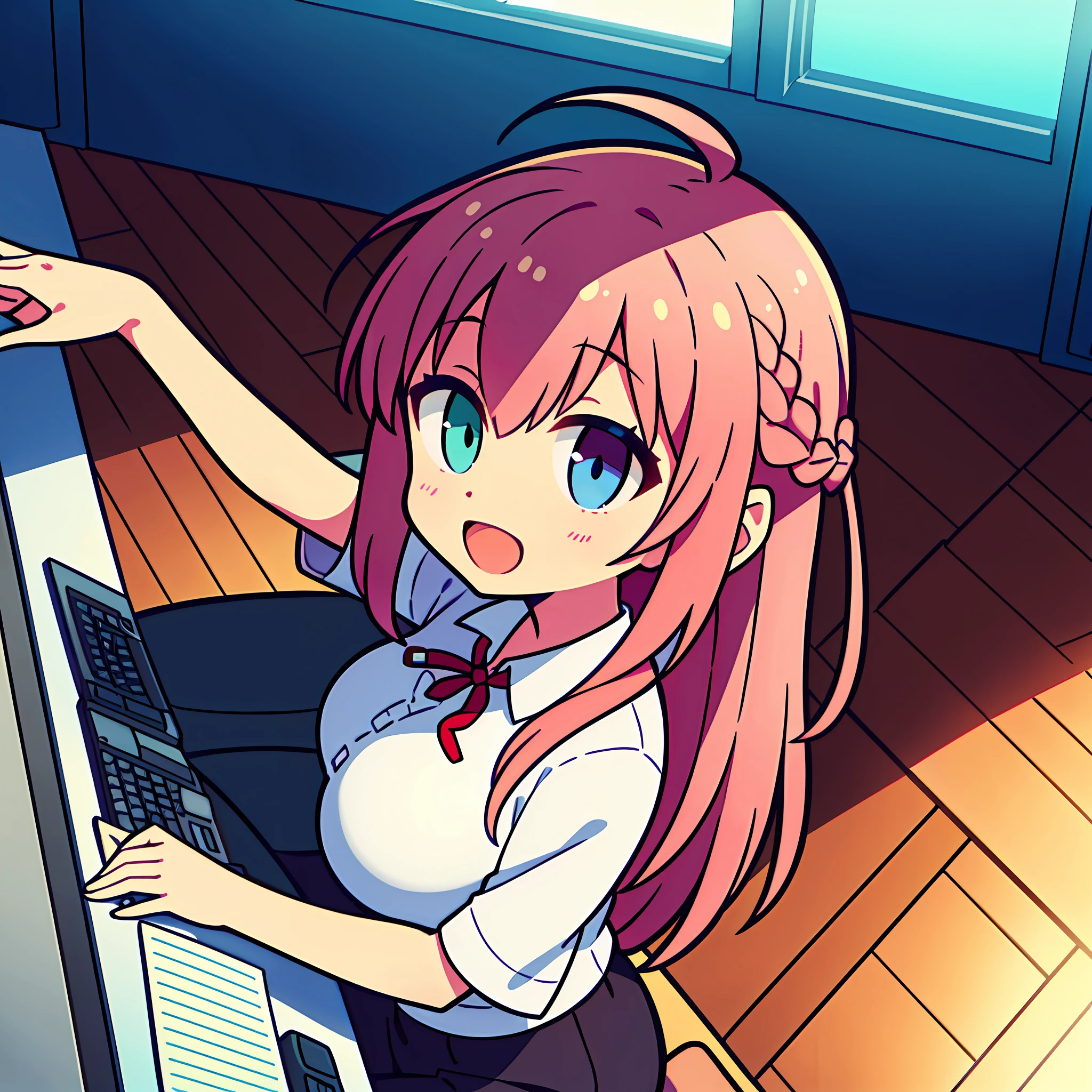 Anime illustrations in the style of "Kyoto Animation", highest quality, (cute: 1.1), (cute), (high resolution: 1.2), incredibly ridiculous: 1.3, incredibly fine illustrations, break 1 beautiful girl, Solo, (heterochromia, light blue eyes and light green eyes), silhouette of star eyes, solo, standing figure, happy, :d, princess eyes, big breasts, break, braid, light pink hair, semi-long hair, red ribbon at the end of braid, sitting at desk, Back angle, looking at PC, touching keyboard, office, break, shirt, black slacks
