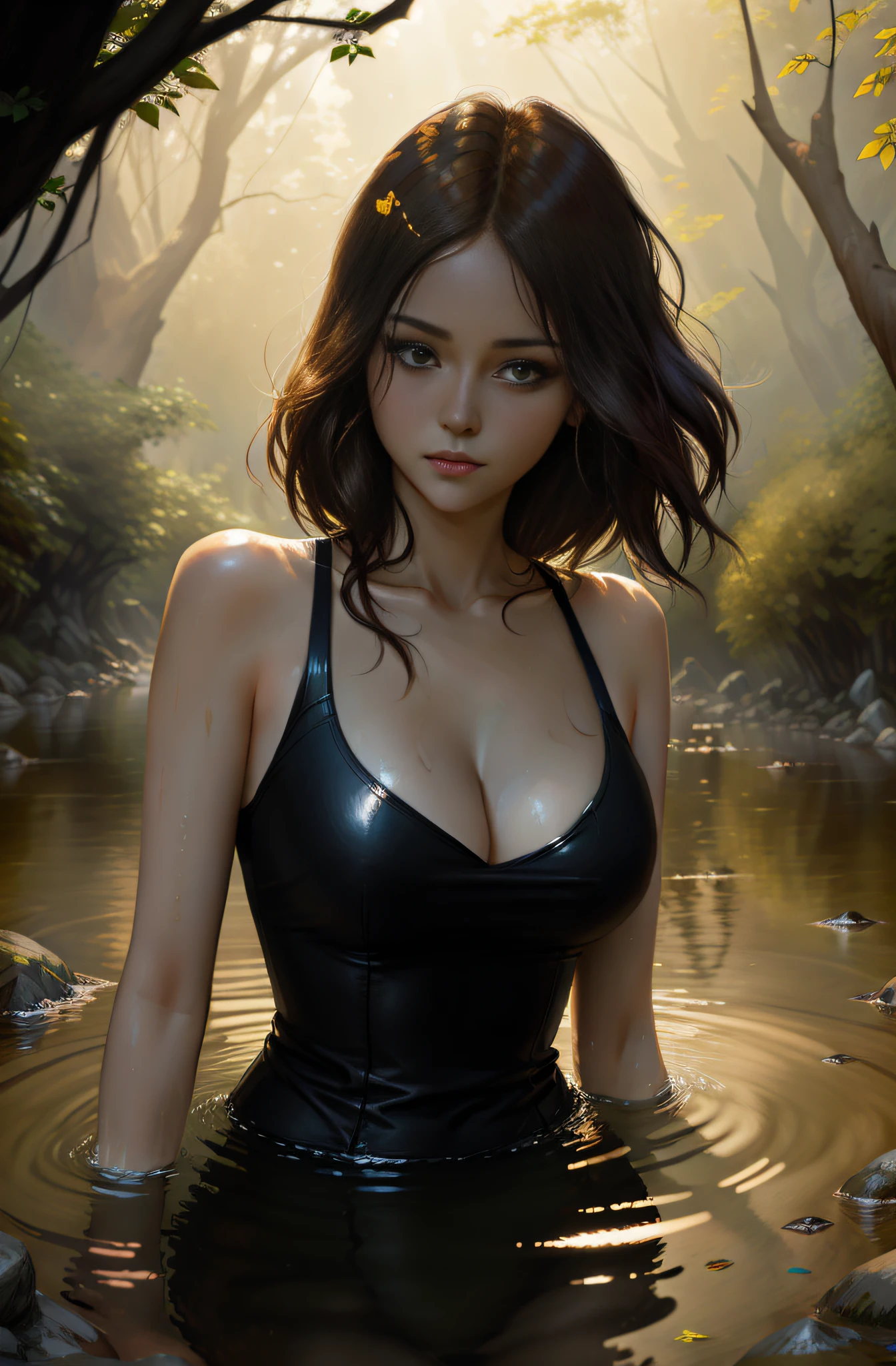 Cute woman bathing in the river(jrpg)Close up of、Sexy、reed、(backlighting)、Real、master masterpiece、best-quality、Lens Flare、shade、Bloom、[[chromatic aberration]]、Jeremy Lipking、Antonio J. Manzanedo、