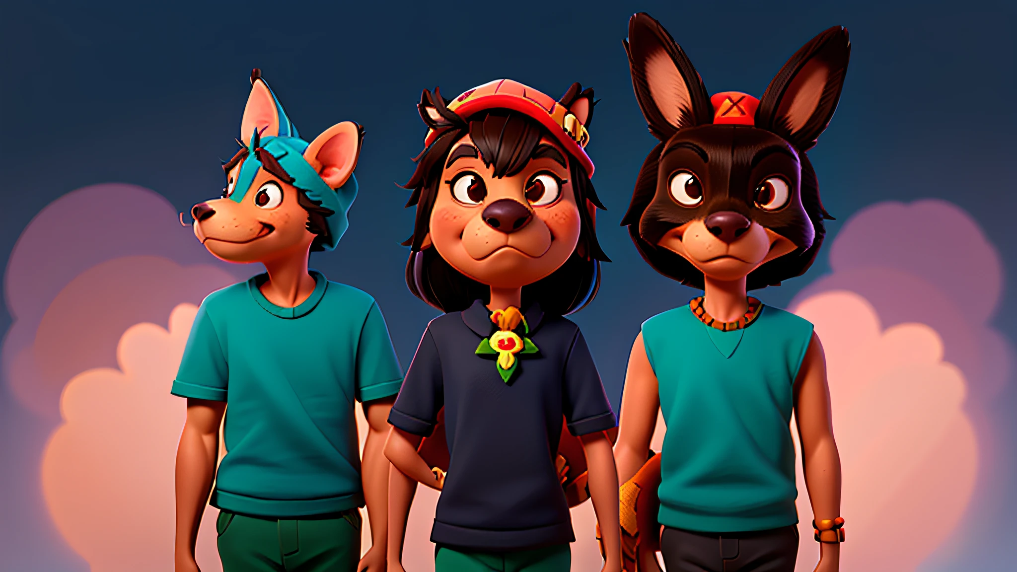 three people wearing animal masks and standing next to each other, animal style head, three animals, animal ears, illustrations of animals, mascot illustration, animal hat, animal caricaturist, human-animal hybrid, wearing animal skin clothing, cartoon illustration, animals, cartoon style illustration, anthropomorphic character, various animals, animal face, 2 animals, furry creatures