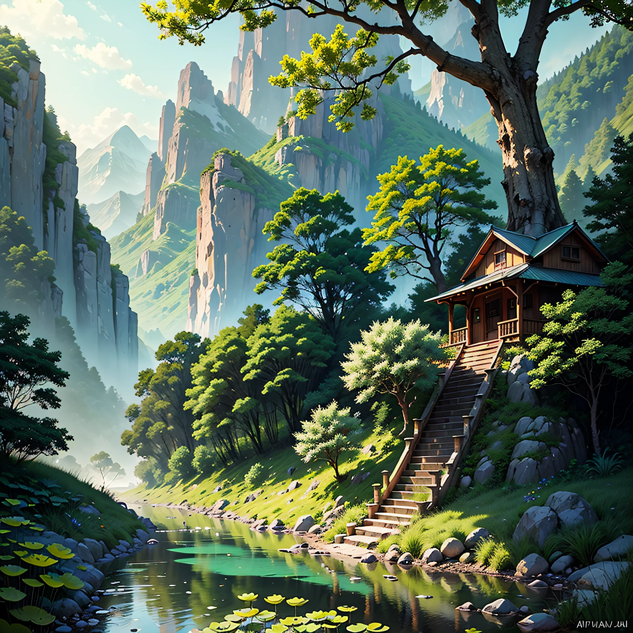 A group of mountains full of natural life，Greenery everywhere，A stream is crystal clear，There are patches of green lotus flowers in the stream，A few small tadpoles and orange swim in the stream，On the banks of the stream are several towering trees with lush foliage --auto