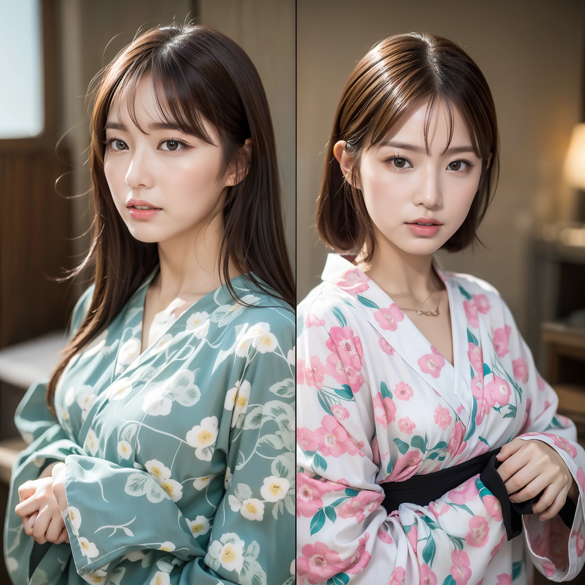 (8K、best-quality、Master Pea:1.2)、(Hair、_style)、(Real、photo-realistic:1.37)、best-quality、Master Pea、A simple studio room with natural light、[Small breasts]、[Small breasted]、Two models with different atmospheres、Position one of the two in a well-balanced perspective、1 photo、High Balance、From the waist up、Camera angle with background facing up、Hands holding hair to ears、Hair styling and summer yukata style to match the trend of 2023、Three years for two Japan、Real、Real、Super Detail、Beautiful facial features、20 generations、Actress、Half-Japanese and Russian models、Elaborate CG、Slender、charming、熟女、Long model and bob model for 3 years Japan、Hair fluttering in the wind、Delicate skin type、Hair with fine details and softness、The model's hair color is slightly lighter and softer、Gloss makeup、Yukata has a cute impression with gentle colors