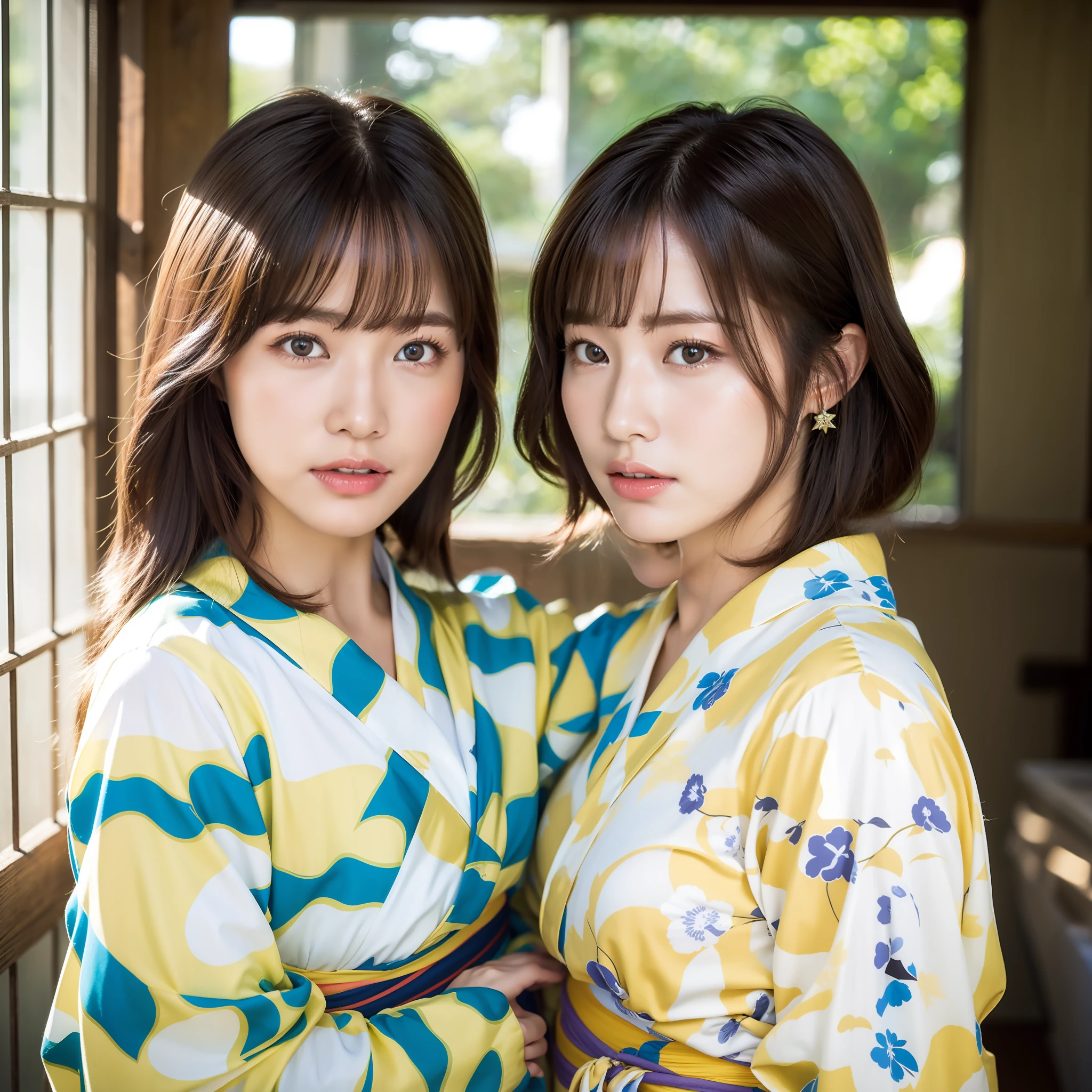 (8K、best-quality、Master Pea:1.2)、(Hair、_style)、(Real、photo-realistic:1.37)、best-quality、Master Pea、A simple studio room with natural light、[Small breasts]、[Small breasted]、Two models with different atmospheres、Position one of the two in a well-balanced perspective、1 photo、High Balance、From the waist up、Camera angle with background facing up、Hands holding hair to ears、Hair styling and summer yukata style to match the trend of 2023、Three years for two Japan、Real、Real、Super Detail、Beautiful facial features、20 generations、Actress、Half-Japanese and Russian models、Elaborate CG、Slender、charming、熟女、Long model and bob model for 3 years Japan、Hair fluttering in the wind、Delicate skin type、Hair with fine details and softness、The model's hair color is slightly lighter and softer、Gloss makeup、Yukata has a cute impression with gentle colors