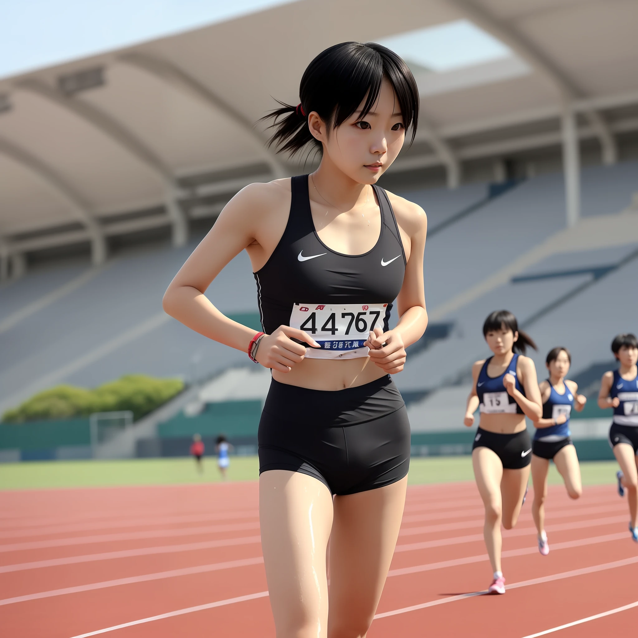 1 naïve one 8 、Japan College Girl、Track & Field Club Practice、Starting block is used on the 100m track at the athletics stadium、Practicing crouching start alone、Wearing a green bra top and green running shorts、 1man(akiko takase、Kazue Kato、、Aya Takano、Etsuko Miura、Town、tsugumi ohba、chiho、Rinko Kawaichi、Takeyuki Kanda)、 Body shape is 158 cm tall、Weight 53kg、Bust 83cm(D Cup)、Waist 61cm、Hips 86cm、 Shoulder-length black hair、bangs、wet with sweat、Sweaty skin、 The scene is an athletic stadium on a summer morning