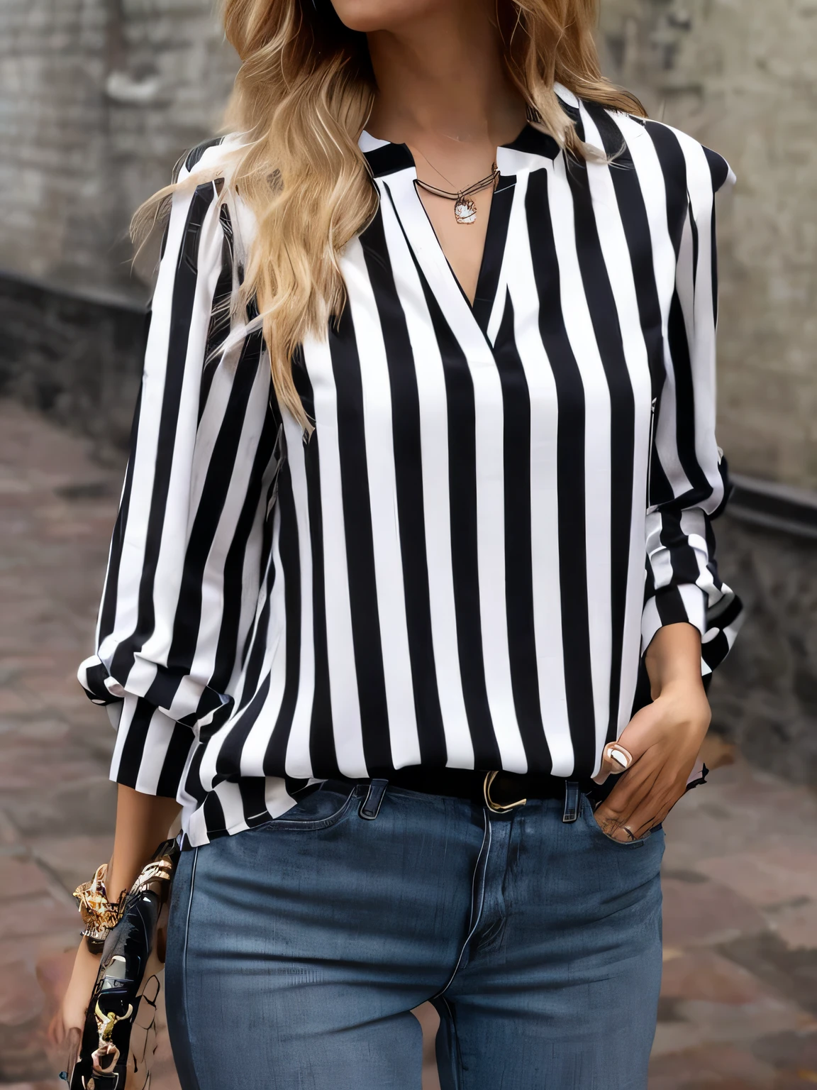 a woman wearing a black and white striped shirt and jeans, striped shirt, wearing stripe shirt, Black stripes, wearing a blouse, stripes, stripes, black and white clothes, loose - fitting blouses, fancy top, bold black lines, chic, puff sleeves, black and white color only, white and black clothing, wearing a cute top, black white