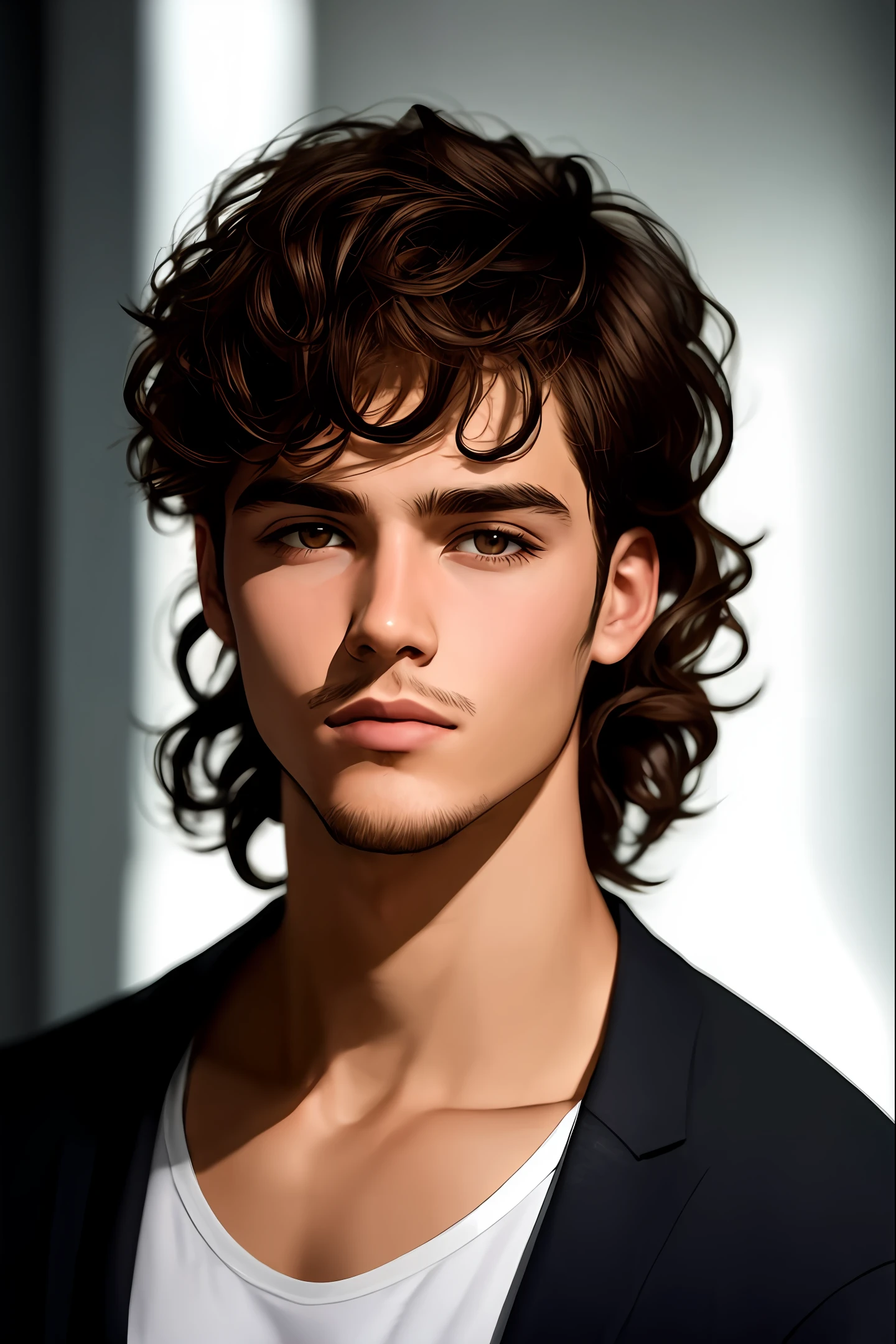 25-year-old man with fine features, wavy hair up to the shoulders, (fotorealista: 1.3), (melhor qualidade 1.0), 8k, hiper-realismo, (profundidade de campo), olhos castanhos, cabelos castanhos, vestindo um casavo preto com capuz, symmetrical and attractive face, Hunter's plhar, Dark environment with objects behind.