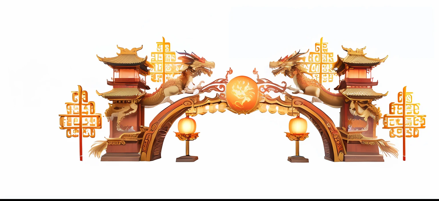 there is a dragon statue on the top of a gate, chinese dragon concept art, yellow dragon head festival, ancient chinese ornate, big red dragon flying above them, without background, china silk 3d dragon, chinese dragons fighting, smooth chinese dragon, chinese dragon, chinese heritage, Chinese style, golden dragon, higher detailed illustration, floating chinese lampoons, Chinese architecture