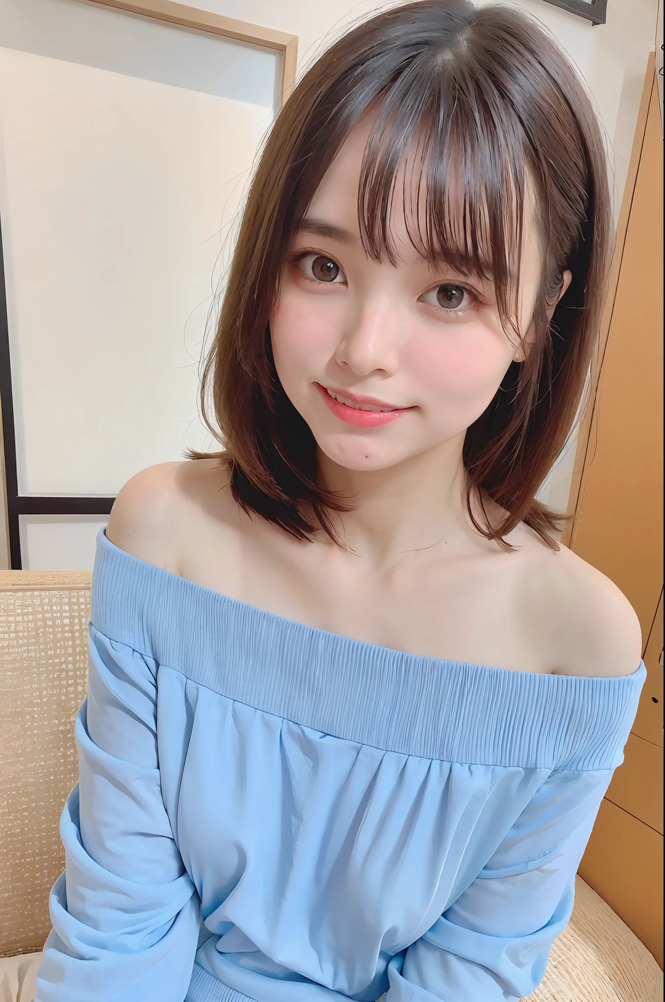 best-quality、ultra-high res、(Photoreal:1.4)、blushed、cuddly、(detailed  face)、Light smile、Looking at the camera、upper  body、clear weather、blue sky、home、offshoulder、