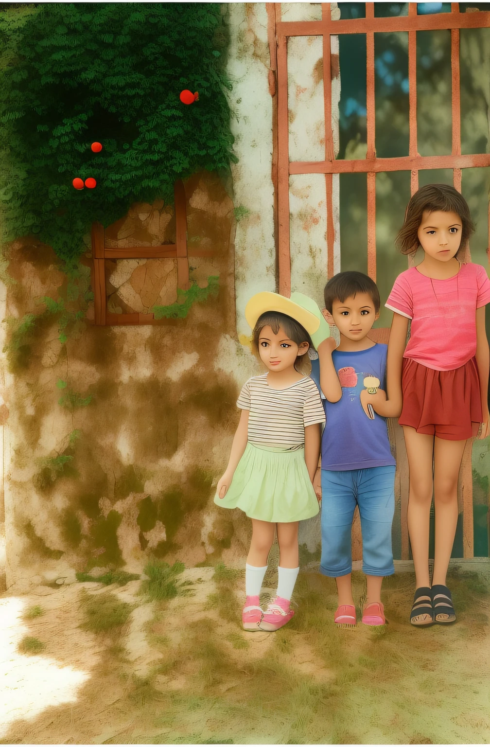 There are three children in front of a building, fundo colorido, foto antiga realista, imagem em cores, uma foto colorida, foto colorida, childhood, foto colorida, foto colorida, imagem antiga, Fotomontagem