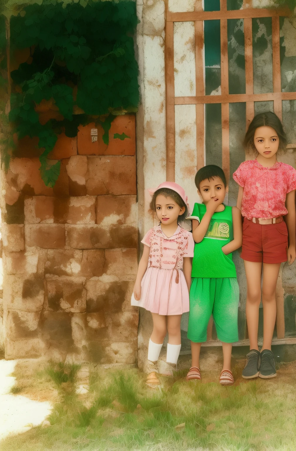 There are three children in front of a building, fundo colorido, foto antiga realista, imagem em cores, uma foto colorida, foto colorida, childhood, foto colorida, foto colorida, imagem antiga, Fotomontagem