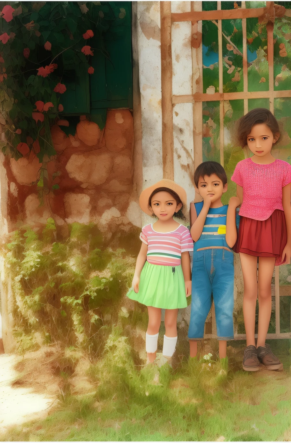 There are three children in front of a building, fundo colorido, foto antiga realista, imagem em cores, uma foto colorida, foto colorida, childhood, foto colorida, foto colorida, imagem antiga, Fotomontagem