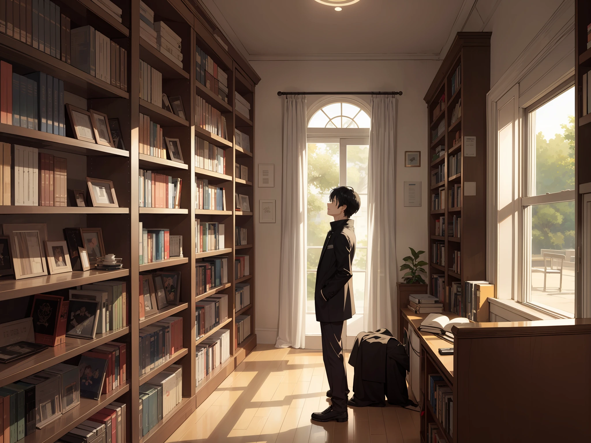 1boy, Very tall, The characters are perfectly proportioned, Wear a black coat, black color hair, Only the side face can be seen, animetic,
