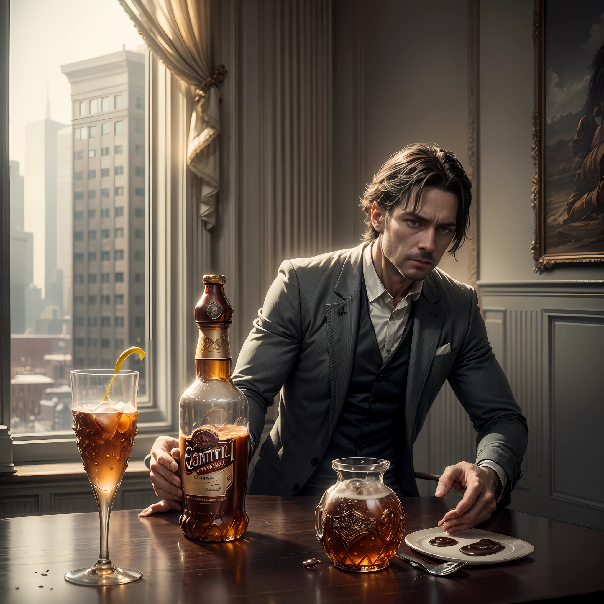 Tonalism, Conceptual art, high detail, chiaroscuro, cinematic lighting, UHD, retina, masterpiece Iced Bourbon advertisement, Continental Hotel
