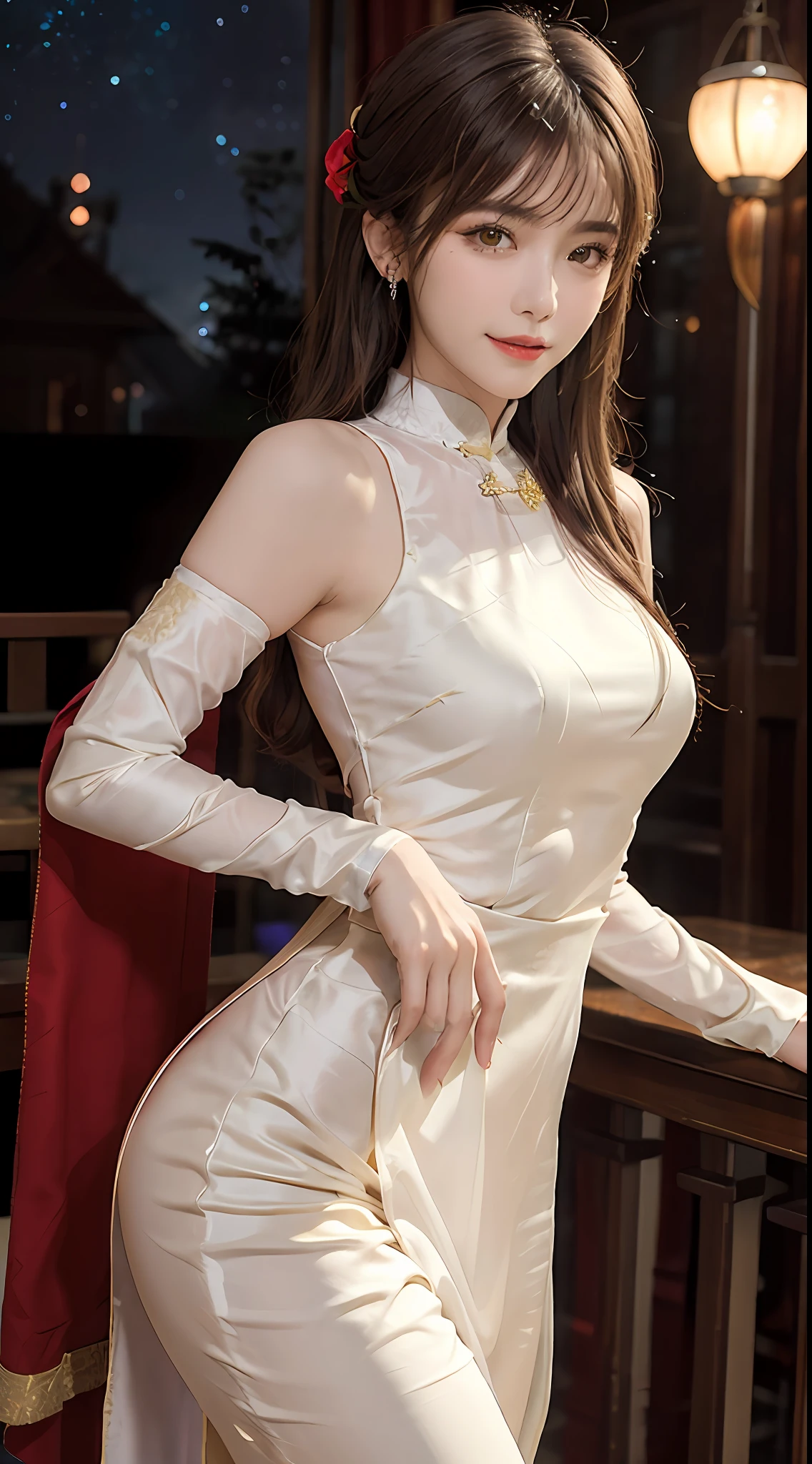 1 very pretty girl, solo, 27 years old, girl wearing bridal ao dai, long dress and hair jewelry, young girl wearing white ao dai, red and yellow silk pants, red and white hugging ao dai, thin ao dai fabric, wearing with ao dai, luxurious and mysterious dark color version, hair jewelry with many sophisticated patterns, head jewelry, red lips, thin and beautiful lips, captivating smile, beautiful details, detailed background detailed, super detailed, magic lighting, nice lighting effects, clear face, shoulder length hair, beautiful and well proportioned face, (transparent yellow eyes : 1.8), big round eyes and very beautiful and meticulous, wearing a silk dress, mysterious makeup, jewelry on ao dai, bangs flat and dyed in light yellow, medium-sized, even breasts, big buttocks, flat stomach, body curves perfect girl, girl's portrait, upper half, hanging, Real and alive, (stars: 1.7), (sky of the zodiac: 1.8), fiction , RAW photos, Vietnam Ao Dai photos, beautiful photos best, 8k, best quality 8k photo, surreal, most realistic,