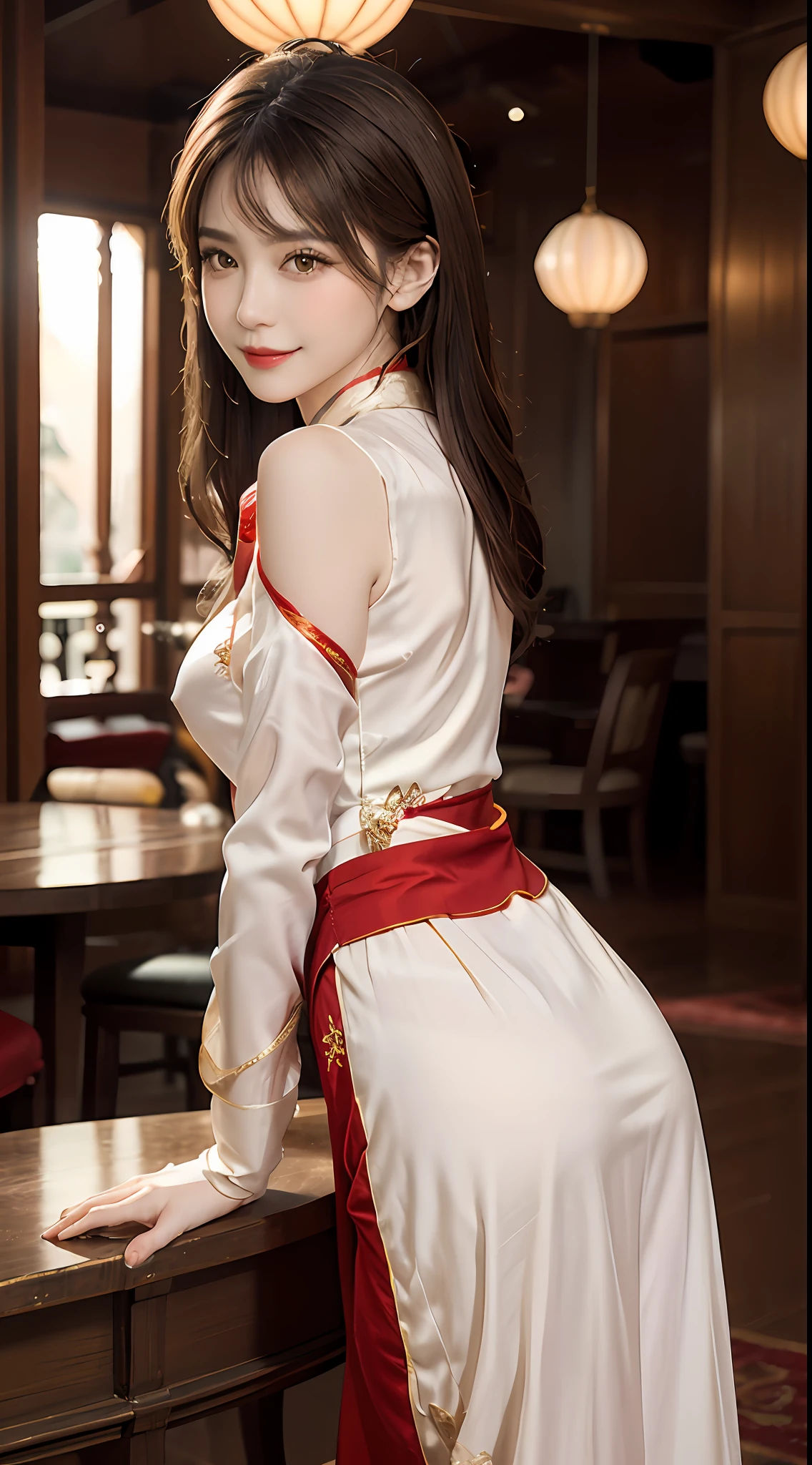 1 very pretty girl, solo, 27 years old, girl wearing bridal ao dai, long dress and hair jewelry, young girl wearing white ao dai, red and yellow silk pants, red and white hugging ao dai, thin ao dai fabric, wearing with ao dai, luxurious and mysterious dark color version, hair jewelry with many sophisticated patterns, head jewelry, red lips, thin and beautiful lips, captivating smile, beautiful details, detailed background detailed, super detailed, magic lighting, nice lighting effects, clear face, shoulder length hair, beautiful and well proportioned face, (transparent yellow eyes : 1.8), big round eyes and very beautiful and meticulous, wearing a silk dress, mysterious makeup, jewelry on ao dai, bangs flat and dyed in light yellow, medium-sized, even breasts, big buttocks, flat stomach, body curves perfect girl, girl's portrait, upper half, hanging, Real and alive, (stars: 1.7), (sky of the zodiac: 1.8), fiction , RAW photos, Vietnam Ao Dai photos, beautiful photos best, 8k, best quality 8k photo, surreal, most realistic,