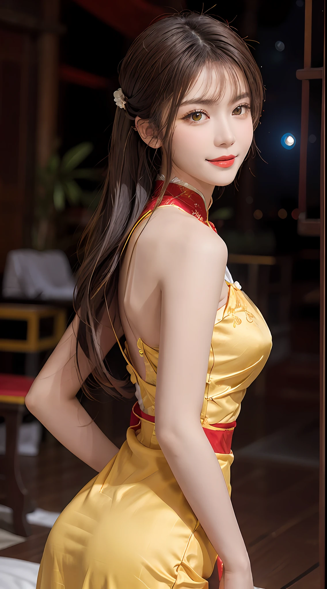 1 very pretty girl, solo, 27 years old, girl wearing bridal ao dai, long dress and hair jewelry, young girl wearing white ao dai, red and yellow silk pants, red and white hugging ao dai, thin ao dai fabric, wearing with ao dai, luxurious and mysterious dark color version, hair jewelry with many sophisticated patterns, head jewelry, red lips, thin and beautiful lips, captivating smile, beautiful details, detailed background detailed, super detailed, magic lighting, nice lighting effects, clear face, shoulder length hair, beautiful and well proportioned face, (transparent yellow eyes : 1.8), big round eyes and very beautiful and meticulous, wearing a silk dress, mysterious makeup, jewelry on ao dai, bangs flat and dyed in light yellow, medium-sized, even breasts, big buttocks, flat stomach, body curves perfect girl, girl's portrait, upper half, hanging, Real and alive, (stars: 1.7), (sky of the zodiac: 1.8), fiction , RAW photos, Vietnam Ao Dai photos, beautiful photos best, 8k, best quality 8k photo, surreal, most realistic,