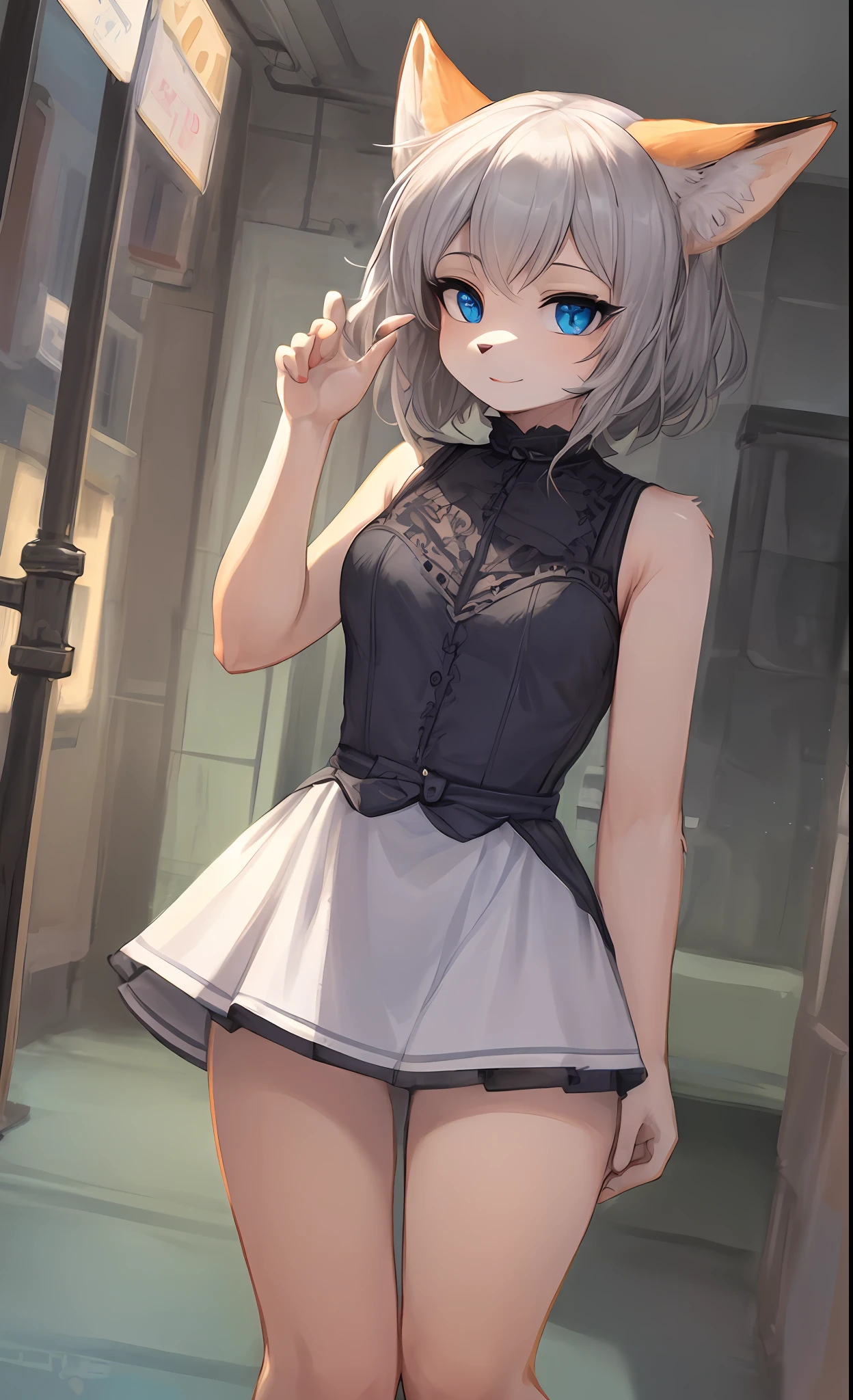 1 girl, solo, furry, fox, cute face, ambient light, ultra detailed hair, volumetric light, gray hair, blue eyes, wearing mini dress