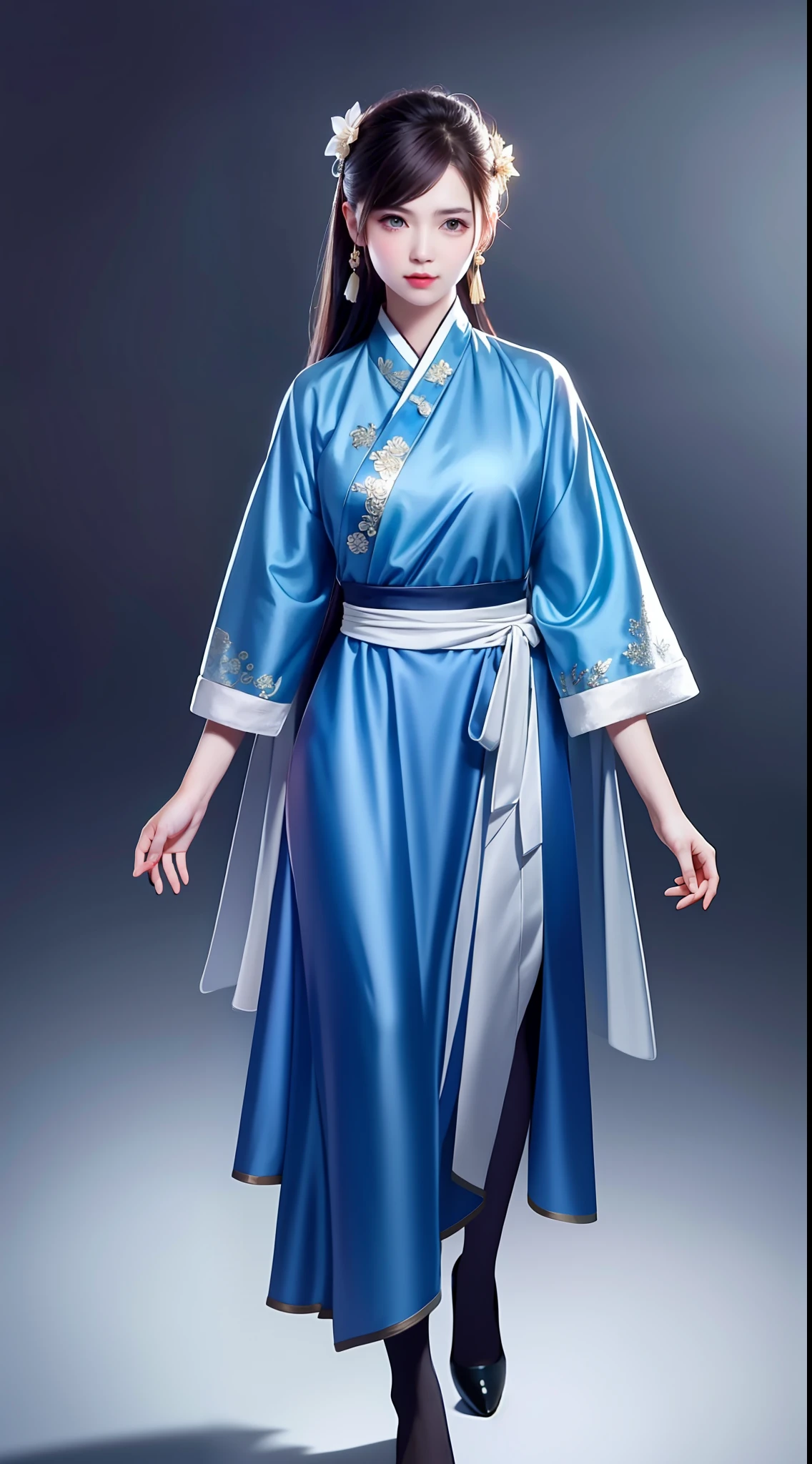 Hanfu, National Style 3.2, Full Body, Walking Posture, Slow Motion, Men Wear Full Body Multi-layered (Heavy Robe: 1.2), (Blue Ice Flower Long Dress: 1.2), Gloves, (Very Detailed, Bloom: 1.5), (Highest Quality, Alessandro Casagrande, Greg Rutkowski, Sally Mann, Concept Art, 4k), (Analog: 1.2), (High Definition), (Detail Pupil: 1.1), (Painting: 1.1), (Digital Painting: 1.1), Detailed Face and Eyes, Masterpiece, Best Quality, (Highly Detailed Photo: 1.1), 8K, Realistic, (Ice Hair Color, Dynamic Hairstyle), (pureerosface_v1:0.1), Jeremy Mann, Sandra Chevrier, Maciej Kuciara, Sharp, (torn body: 1.1), realistic, realistic shadows, (ice background: 1.2), (Michelangelo), ohwx style<lora: (style of ohwx) masterpiece, best quality, (extremely detailed CG unity 8k wallpaper, masterpiece, best quality, ultra-detailed, best shadow), (detailed background), (beautiful detailed face, beautiful detailed eyes), High contrast, (best illumination, an extremely delicate and beautiful), (girl:1.5), ((Not relevant)), ((caustic)), dynamic angle, beautiful detailed glow, (portrait:0.2),dynamic angle, beautiful detailed glow, (portrait:0.2),pigtail,full body,