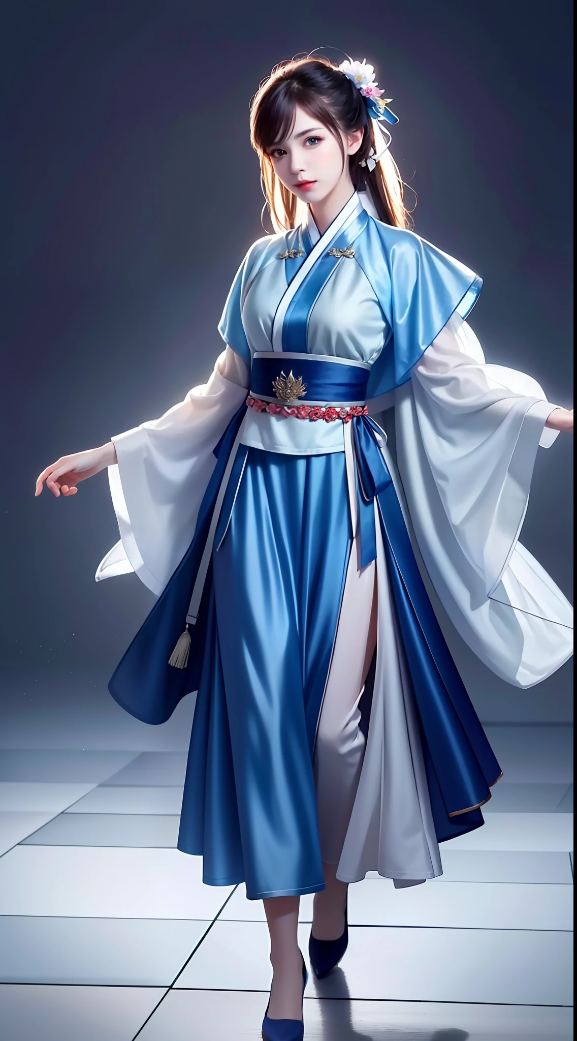 Hanfu, National Style 3.2, Full Body, Walking Posture, Slow Motion, Men Wear Full Body Multi-layered (Heavy Robe: 1.2), (Blue Ice Flower Long Dress: 1.2), Gloves, (Very Detailed, Bloom: 1.5), (Highest Quality, Alessandro Casagrande, Greg Rutkowski, Sally Mann, Concept Art, 4k), (Analog: 1.2), (High Definition), (Detail Pupil: 1.1), (Painting: 1.1), (Digital Painting: 1.1), Detailed Face and Eyes, Masterpiece, Best Quality, (Highly Detailed Photo: 1.1), 8K, Realistic, (Ice Hair Color, Dynamic Hairstyle), (pureerosface_v1:0.1), Jeremy Mann, Sandra Chevrier, Maciej Kuciara, Sharp, (torn body: 1.1), realistic, realistic shadows, (ice background: 1.2), (Michelangelo), ohwx style<lora: (style of ohwx) masterpiece, best quality, (extremely detailed CG unity 8k wallpaper, masterpiece, best quality, ultra-detailed, best shadow), (detailed background), (beautiful detailed face, beautiful detailed eyes), High contrast, (best illumination, an extremely delicate and beautiful), (girl:1.5), ((Not relevant)), ((caustic)), dynamic angle, beautiful detailed glow, (portrait:0.2),dynamic angle, beautiful detailed glow, (portrait:0.2),pigtail,full body,