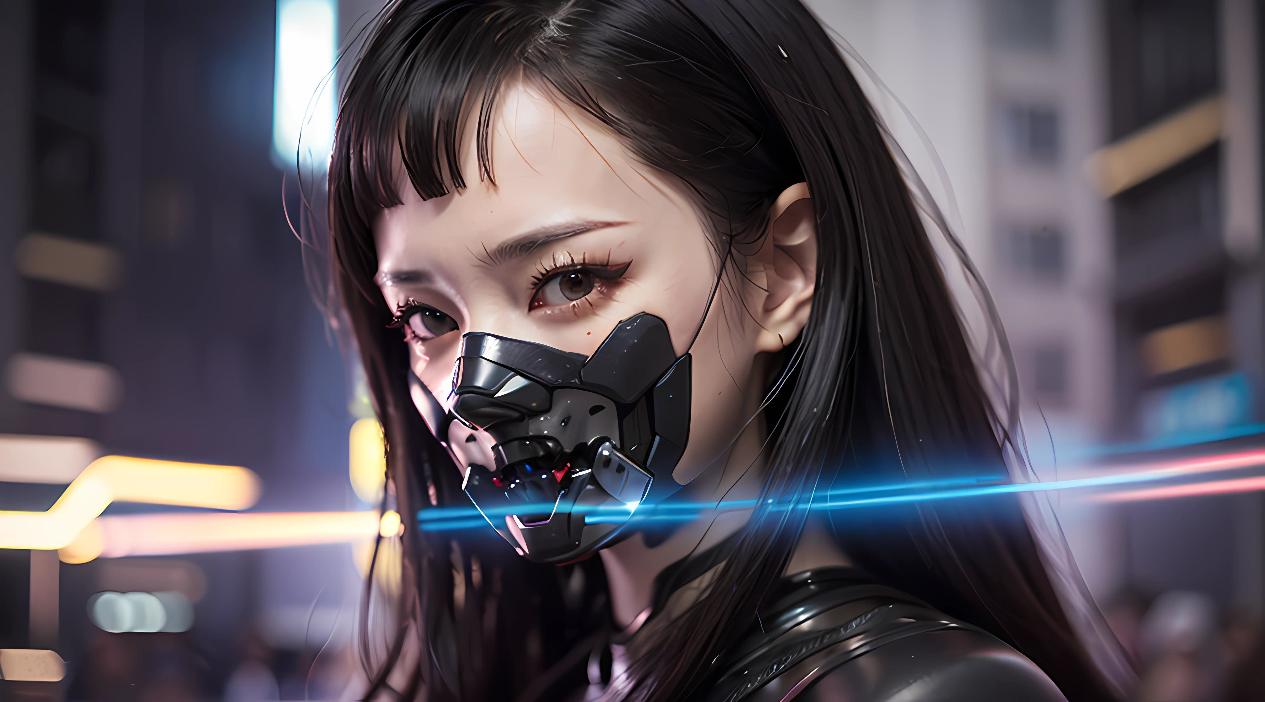 (Photorealistic:1.4), (Best Quality:1.0), (Super Resolution:1.0), (8K, Original), (Masterpiece:0.2), Portrait, Face Focus,
(Cybernetic_Jawless), (mask), mechanical parts, cybernetics, 1 girl, asian girl, jacket, (long hair:1.5), (black hair:1.5),
Cyberpunk Street background, (neon: 1.2),