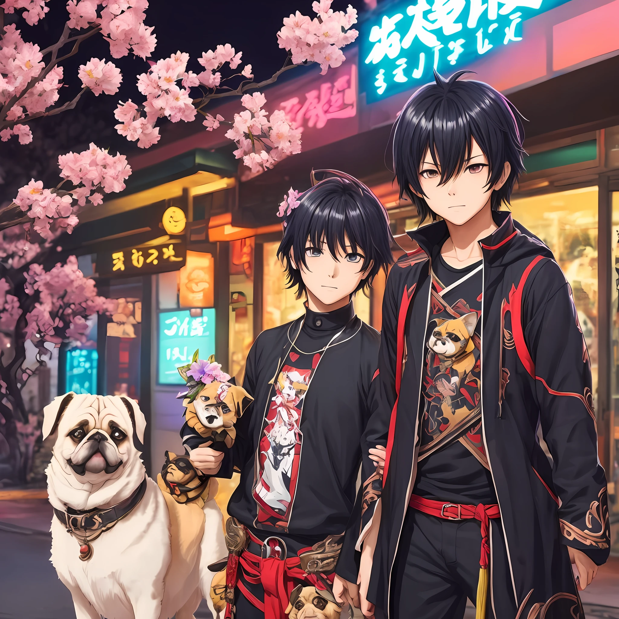 Anime boy with a kitsune armor in a neon setting, cercado por belas paisagens de flores de Sakura. Accompanied by an adorable Pug mascot. Her hair is short and black, com olheiras evidentes. --auto